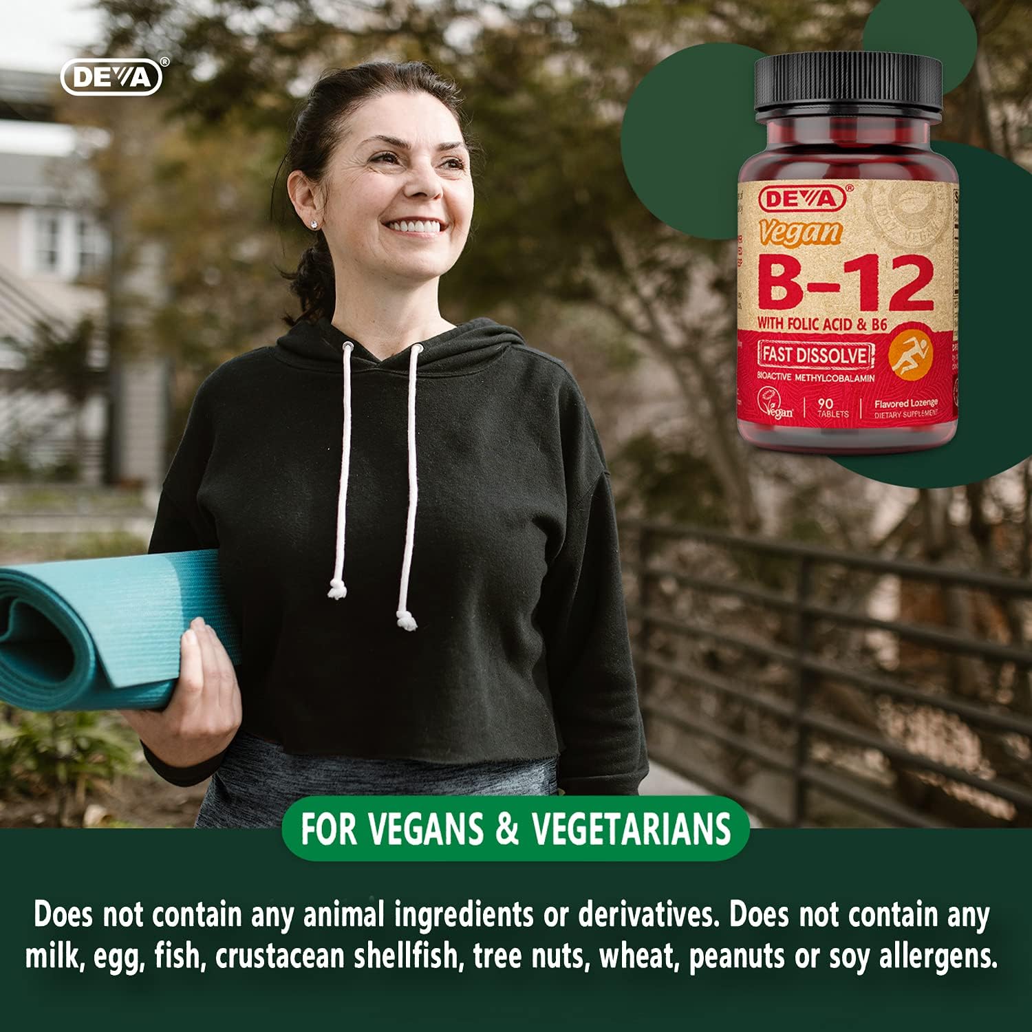 DEVA Vegan Vitamin B12 Fast Dissolve Supplement - Once-Per-Day Complex with 1000 mcg Methylcobalamin B12, Folic Acid, B6 - Lemon Flavour - 90 Dissolvable Tablets, 2-Pack