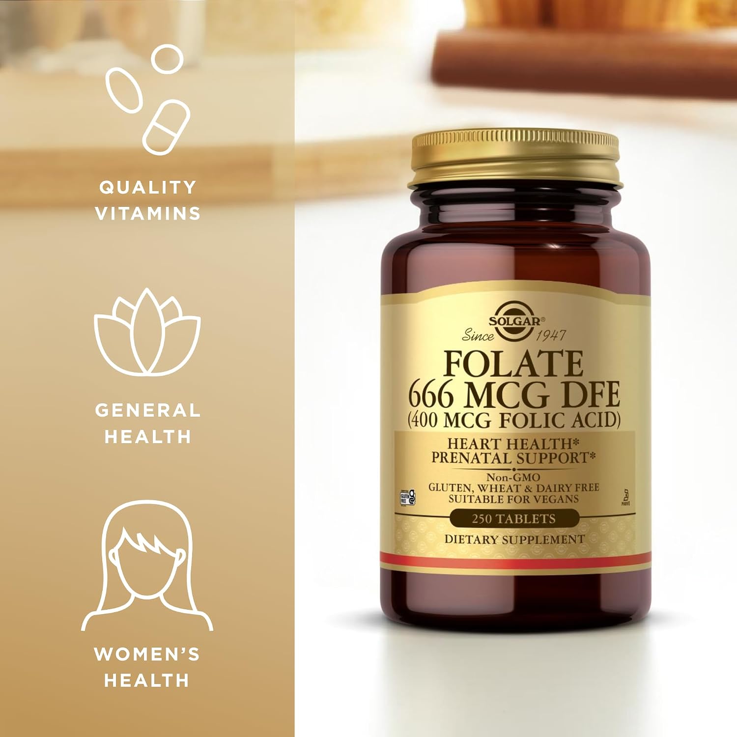 Solgar Folate 666 mcg DFE (Folic Acid 400 mcg) – 250 Tablets, Pack of 3 – Prenatal Support – Non-GMO, Vegan, Gluten Free, Dairy Free, Kosher – 750 Total Servings