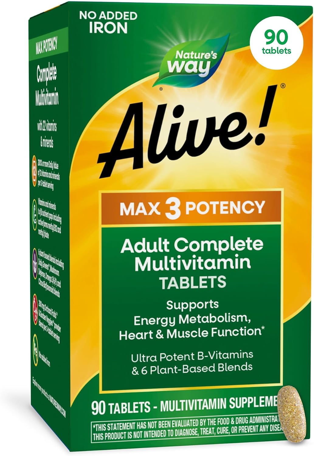 Nature's Way Alive! Max3 Potency Daily Multivitamin, No Iron Added, 90 Tablets