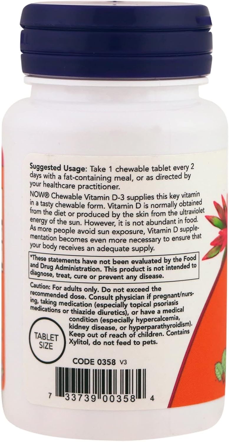 NOW Foods Vitamin D-3 5000 IU Chewable Tablets - Natural Mint Flavour, 120 Count