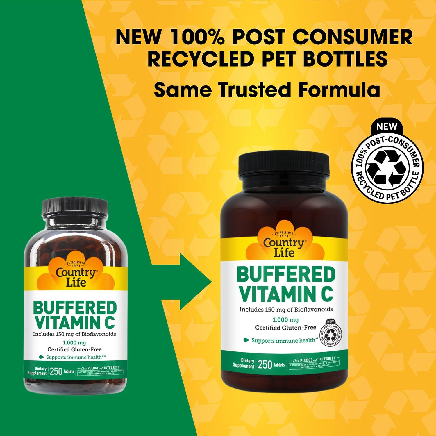 Country Life Buffered Vitamin C 1000 mg with Bioflavonoids, Calcium, Magnesium, Potassium - Immune Support, Vegan, Gluten-Free - 250 Tablets