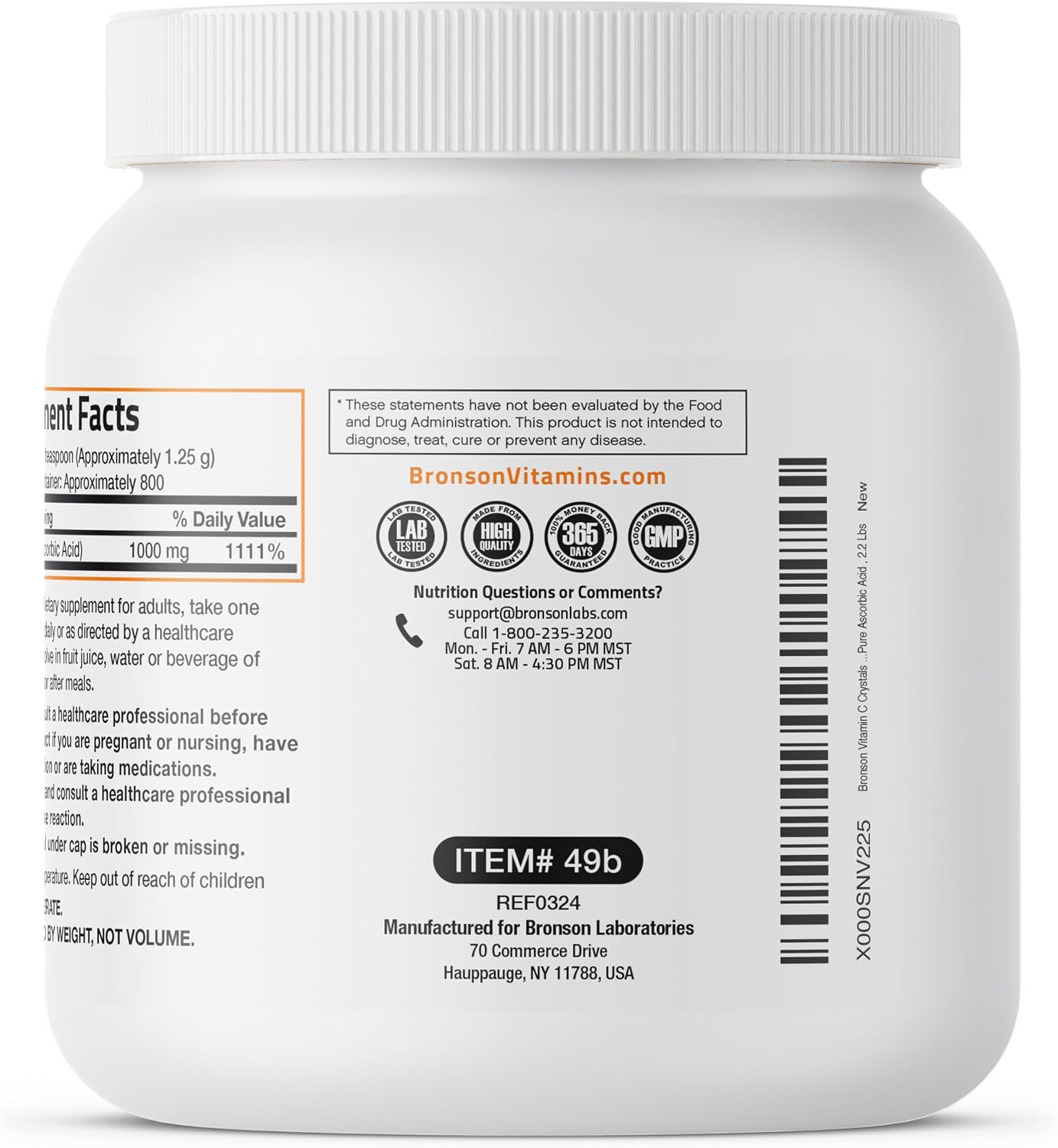 Bronson Vitamin C Powder – Pure Ascorbic Acid, Non-GMO Crystals – 1 kg (2.2 lbs)