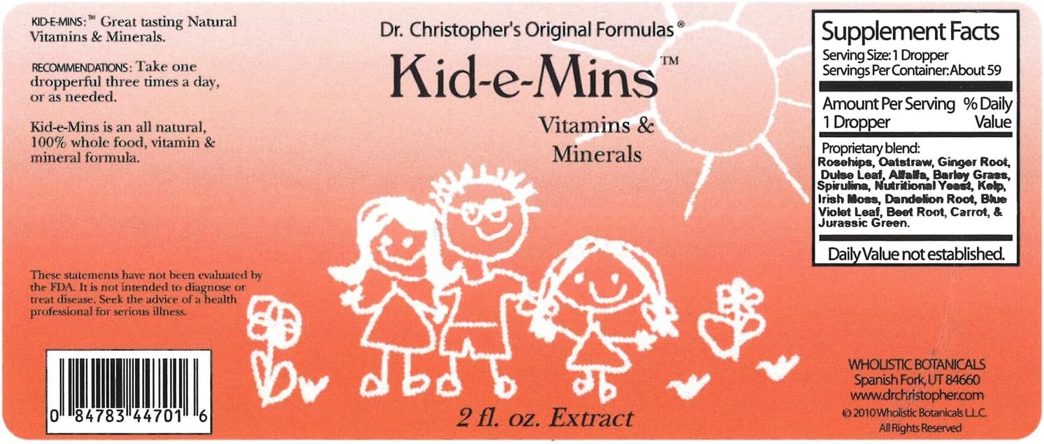 Dr. Christopher's Kid-E-Mins Vitamins & Minerals - Natural Orange Flavour - Kids Liquid Multivitamin - 59 mL