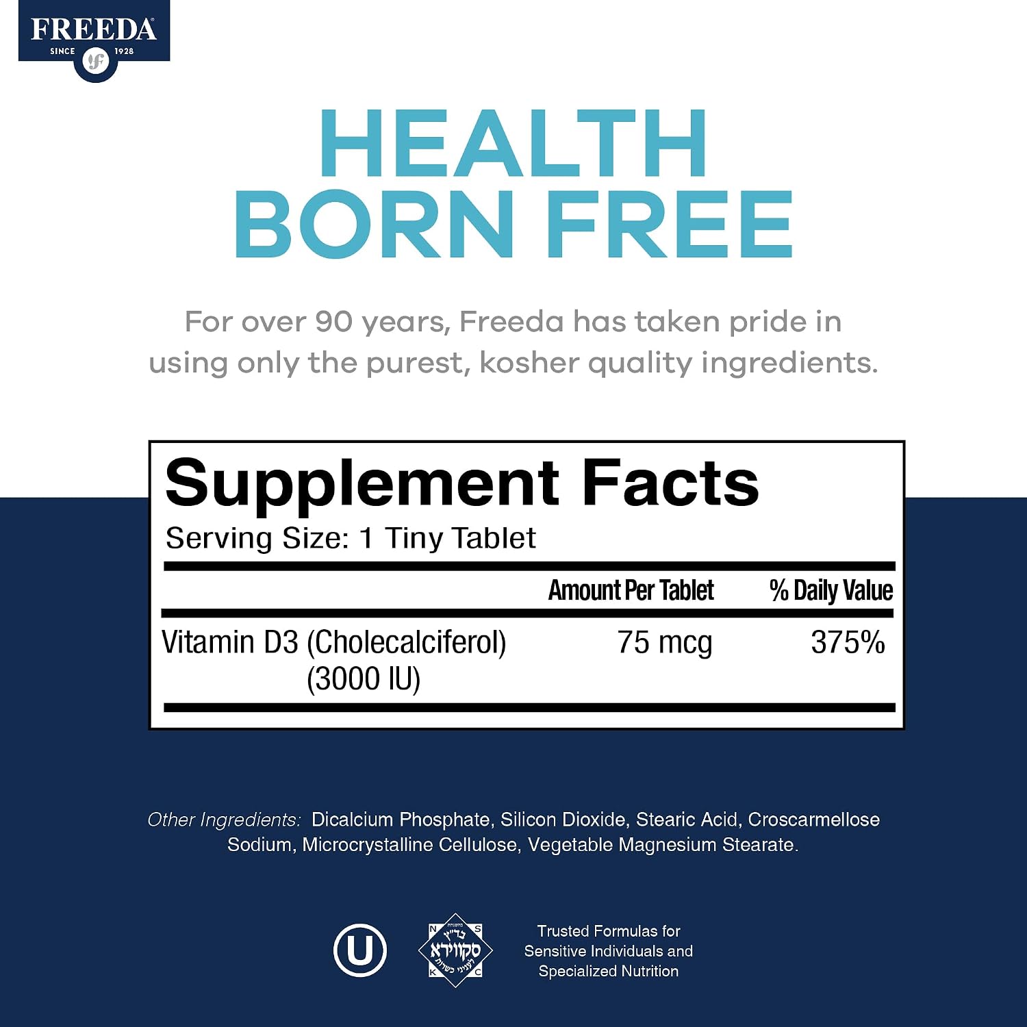FREEDA Vitamin D3 3000 IU – Kosher Supplement Tablets for Bone & Immune Health