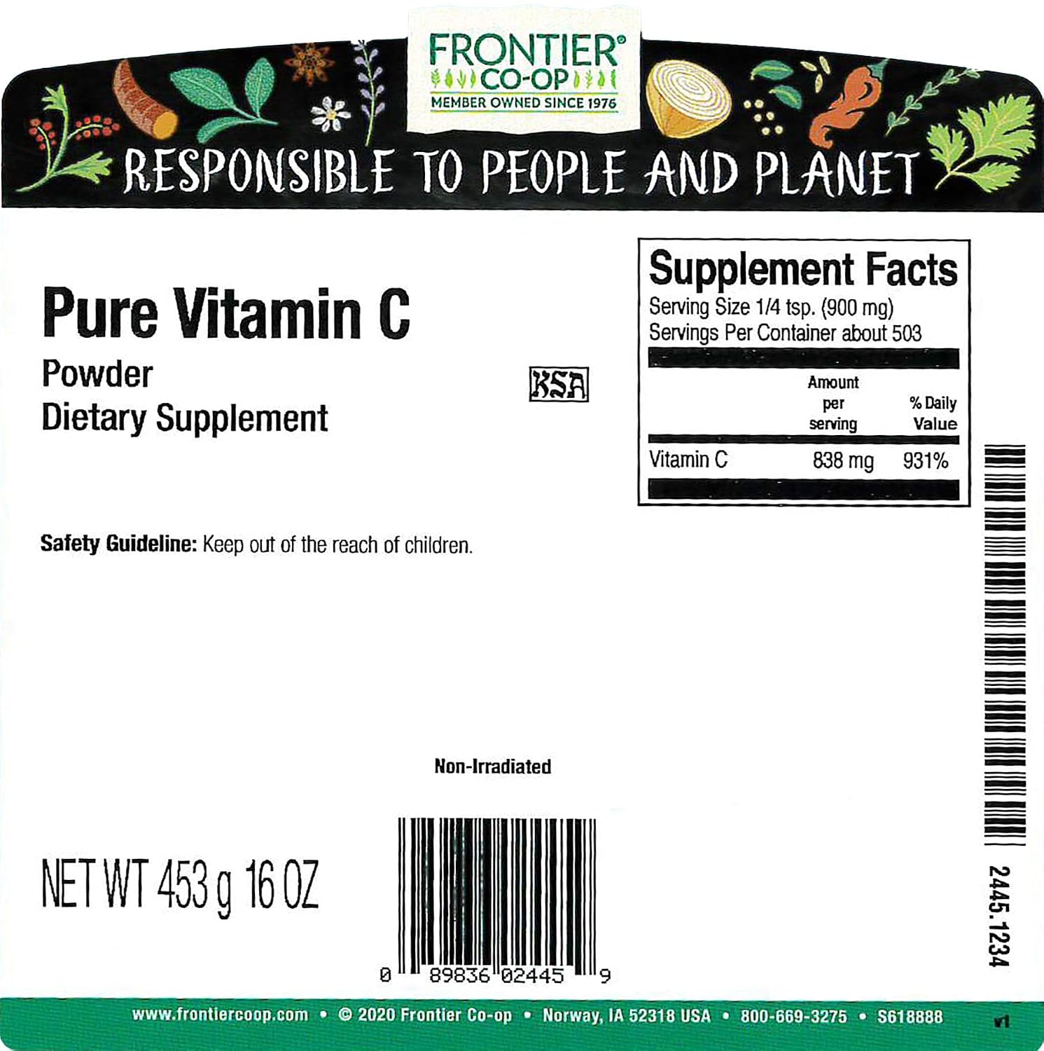 Frontier Co-op Bulk Vitamin C Powder, 1 lb (454 g), 3400 mg per tsp