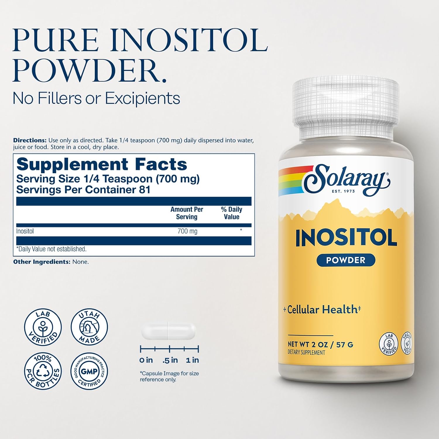 SOLARAY Pure Inositol Powder - Cellular Health Support - Vegan, Lab Verified - 163 Servings, 113 g