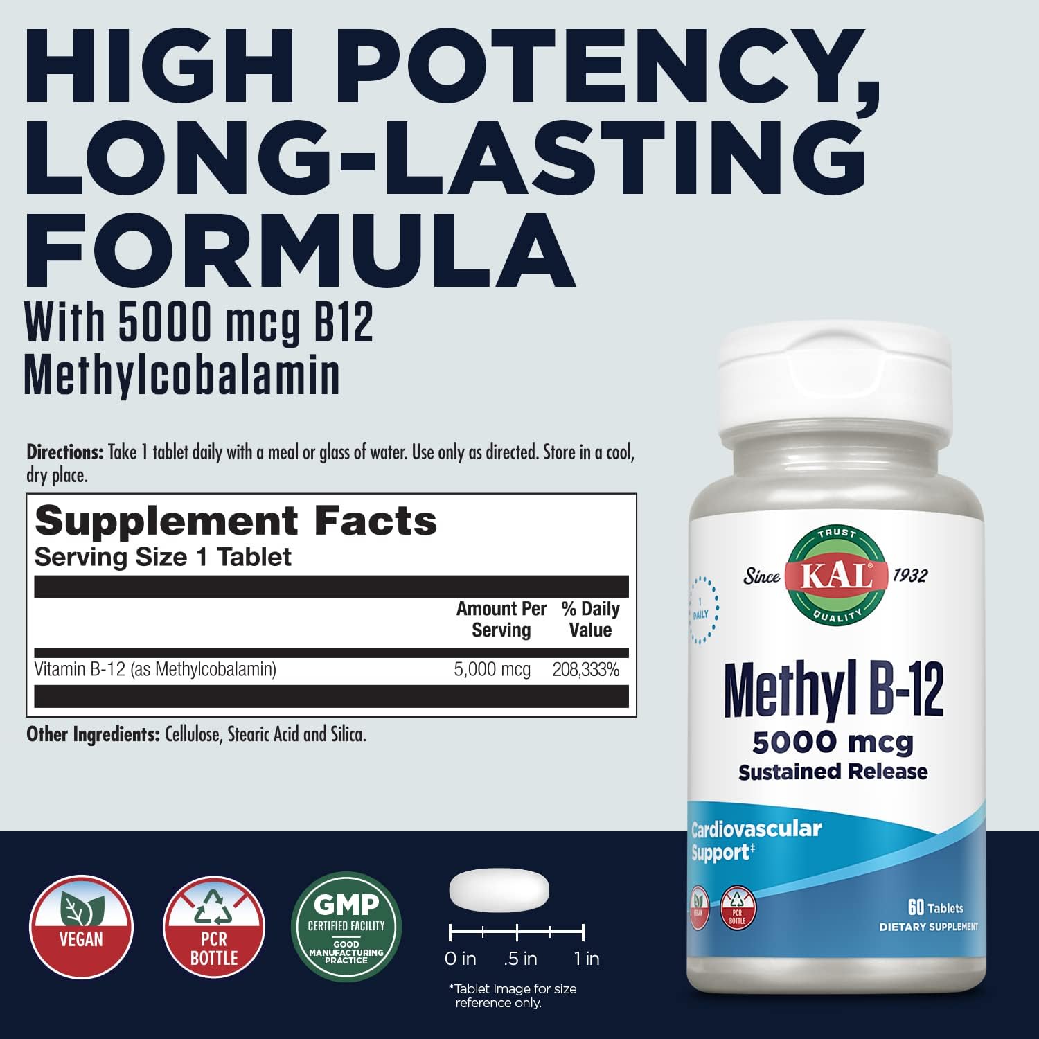 KAL Vitamin B12 Methylcobalamin 5000mcg – Fast Dissolve ActivMelts, Natural Raspberry Flavour, 90 Micro Tabs