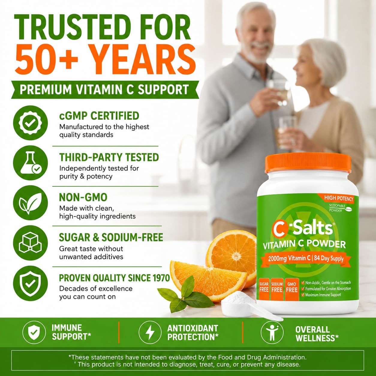 C-Salts Buffered Vitamin C Powder - Organic, Stomach Friendly, 4000 mg (84 Servings)