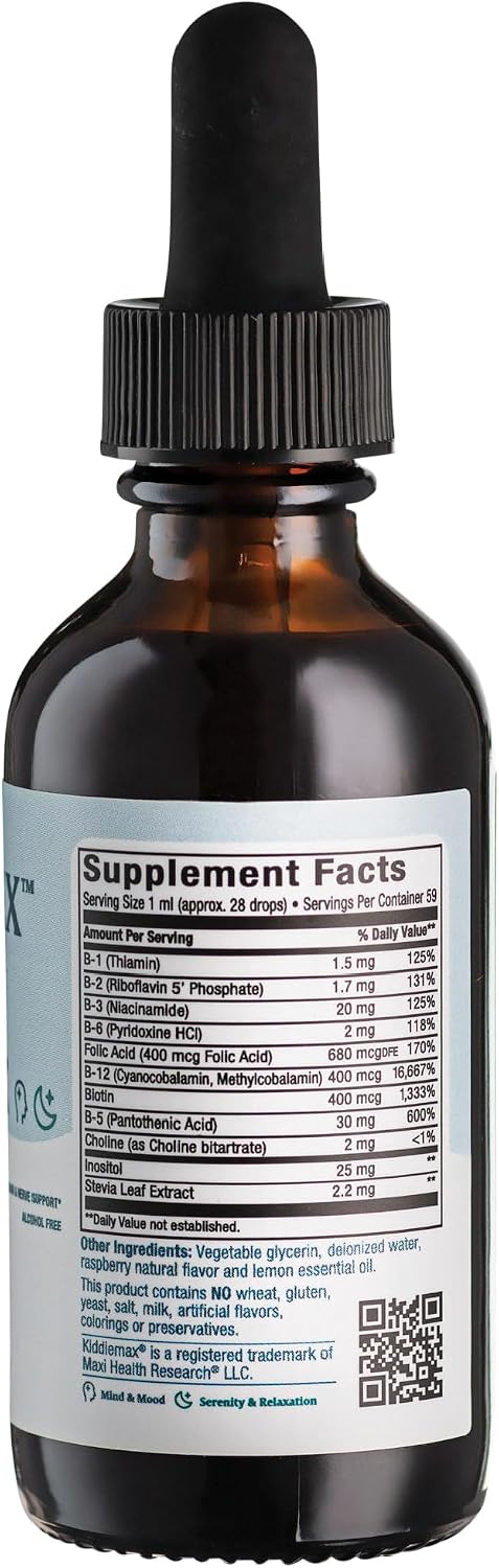 Maxi Health Liquid Vitamin B Complex – 9 Essential B Vitamins with B1, B6, B12 (Methylcobalamin) – Supports Energy, Brain Function & Immune Function – Raspberry, 60 mL