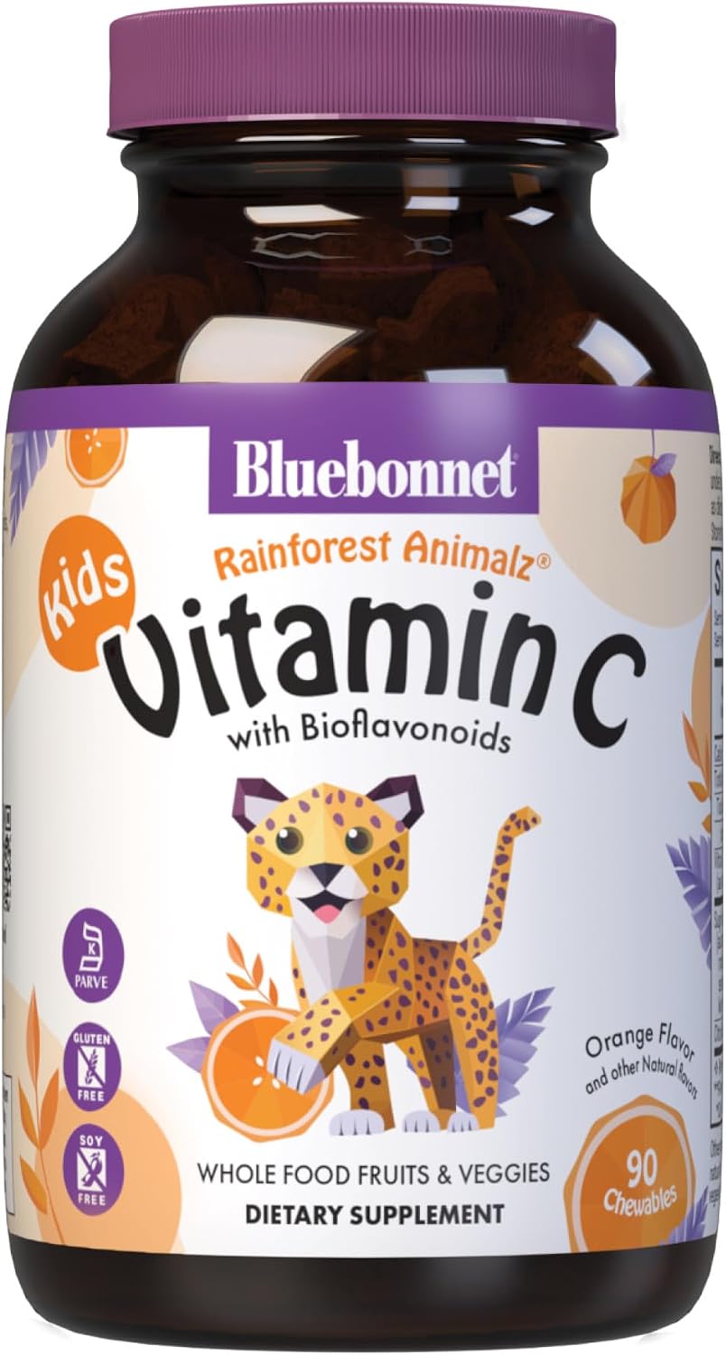 Bluebonnet Nutrition Rainforest Animalz Vitamin C Animal Shape Chewable Tablets, 250mg, Orange Flavour, 90 Count
