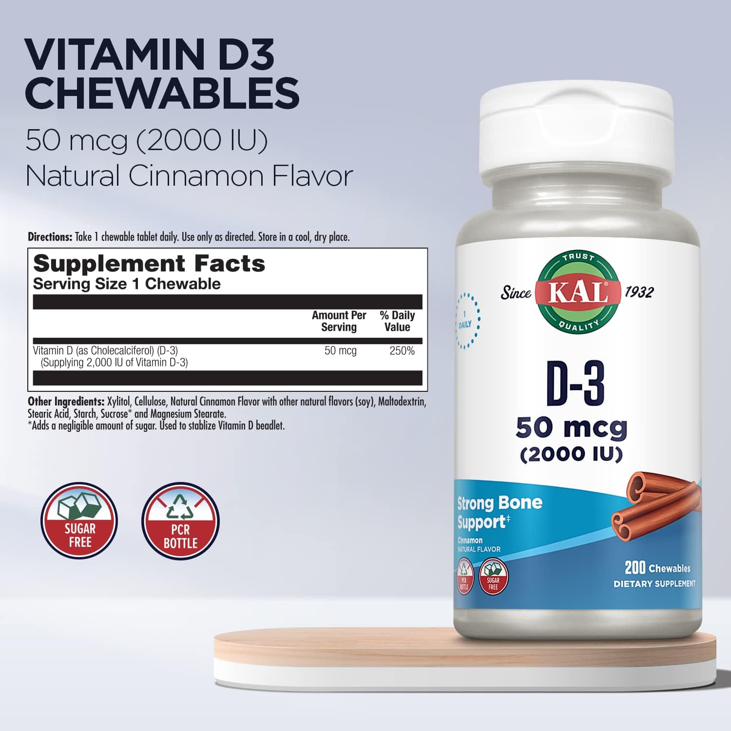 KAL Vitamin D3 Chewables - 2000 IU (50 mcg) - Sugar Free Natural Cinnamon Flavour - 200 Chewable Tablets