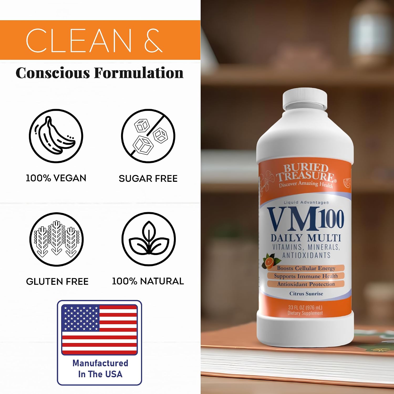 Buried Treasure VM100 Daily Liquid Vitamins and Minerals with Antioxidants, Vegan, Sugar-Free, Orange Zest Flavour, 32 Servings, 32 oz