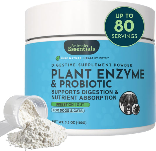 Animal Essentials Plant Enzyme & Probiotics - Probiotics & Digestive Enzymes for Dogs & Cats, Natural Daily Gut & Digestion Support Supplement, Plant Based - 99 g