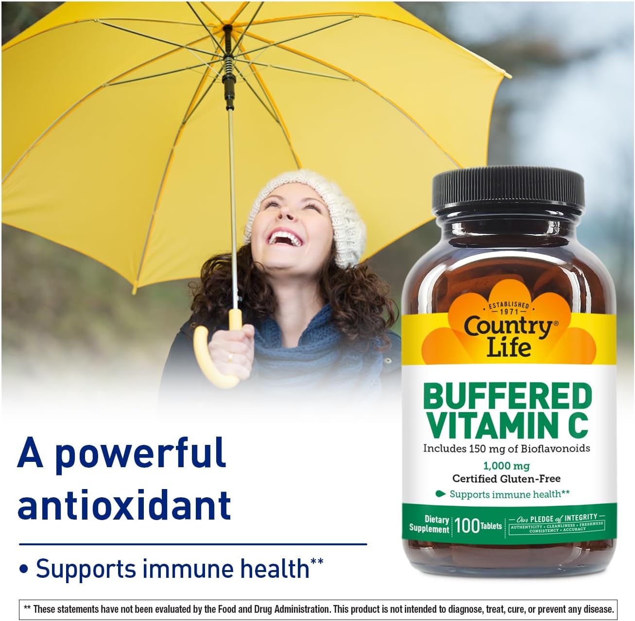 Country Life Buffered Vitamin C 1000 mg with Bioflavonoids, Calcium, Magnesium, Potassium – Vegan, Gluten-Free – 100 Tablets
