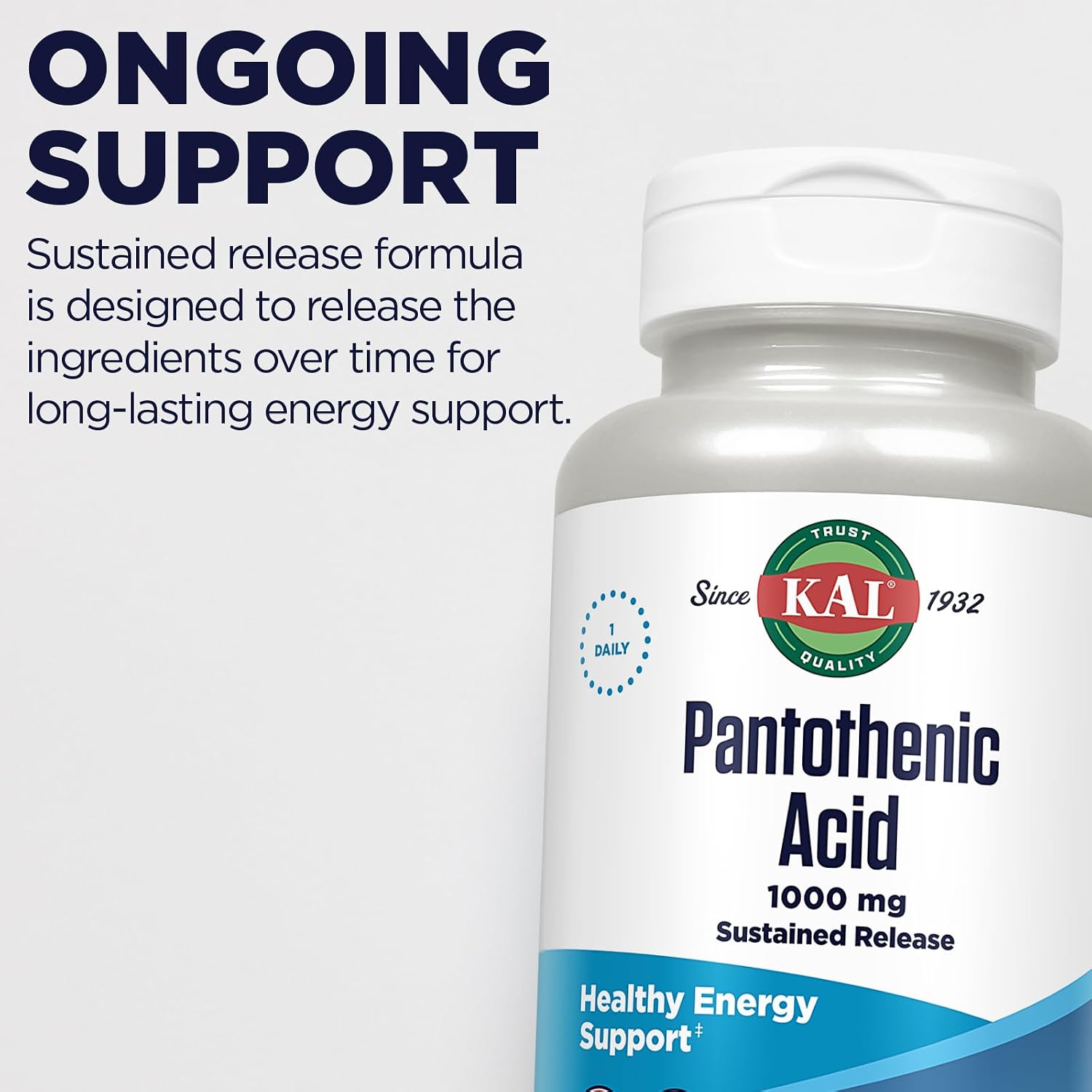 KAL Pantothenic Acid 1000 mg - Vitamin B5 Sustained Release Tablets, Vegan - 100 Tablets