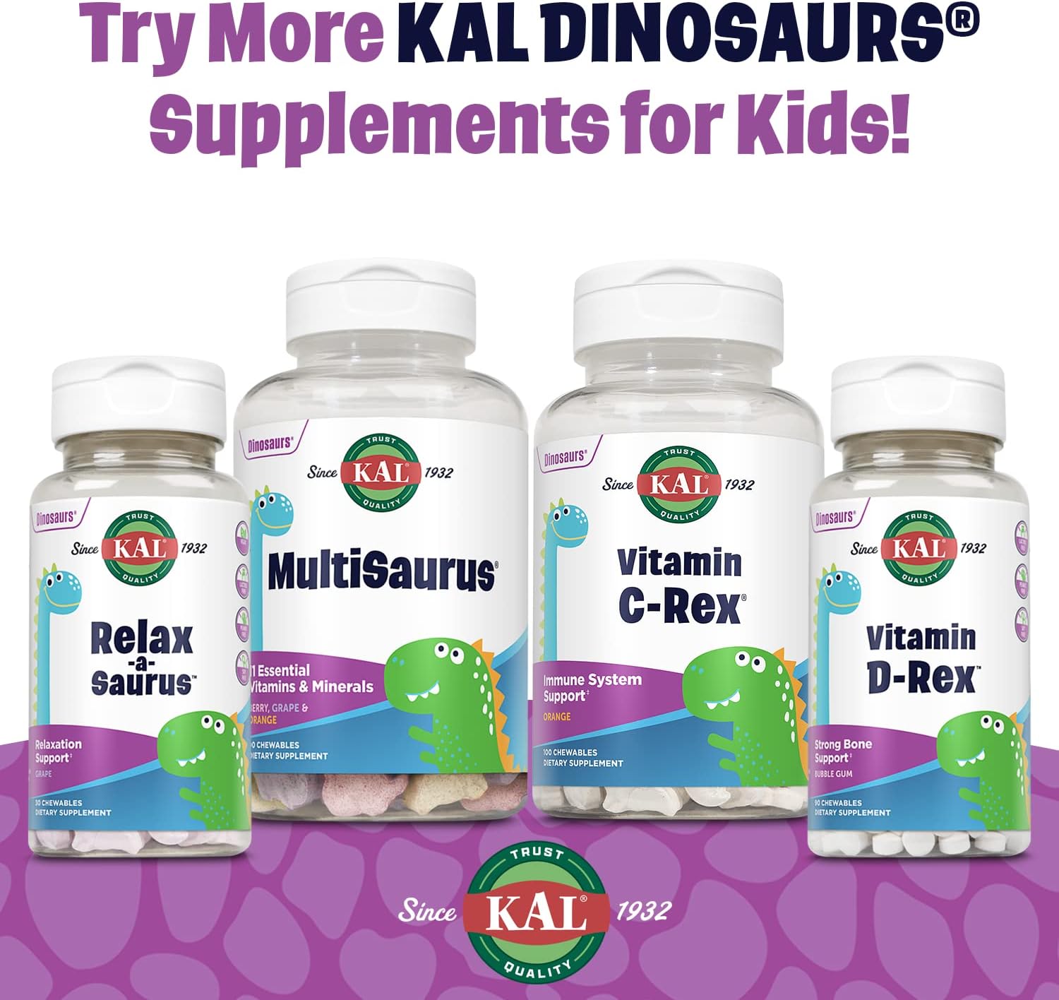 KAL Vitamin D-Rex Chewable - Children's Vitamin D3 400 IU, Bubble Gum Flavour, 90 Chewables