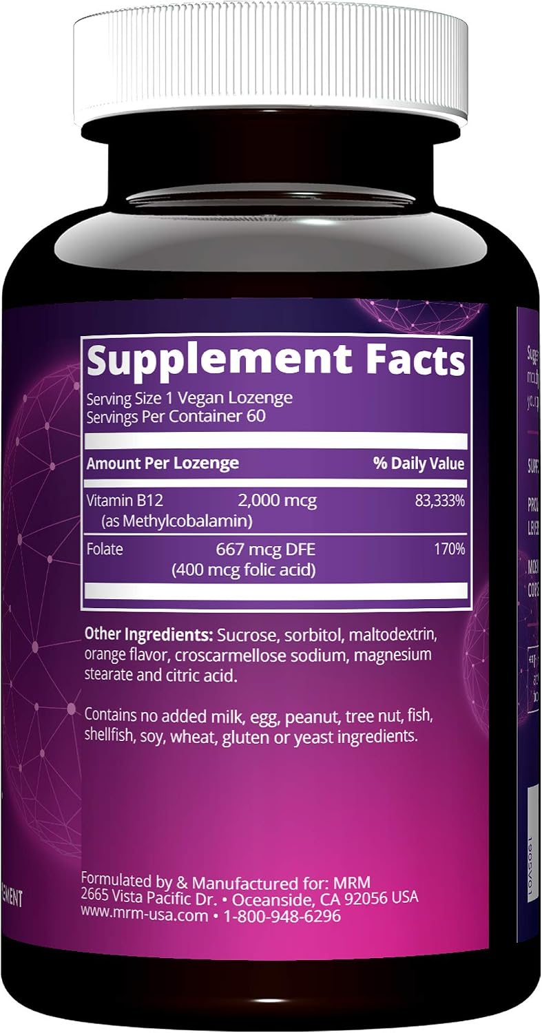 MRM Nutrition Vitamin B12 with Folic Acid - 2000 mcg Methylcobalamin Vegan Lozenges