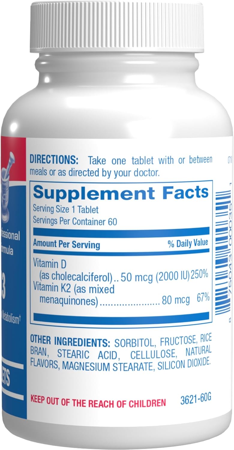 Chewable Vitamin D3 & K2 Supplement - 2000 IU D3 with 80 mcg K2 MK-7 for Bone, Teeth, Mood & Immune Support - Vegetarian, Cinnamon Flavour (60-Day Supply)