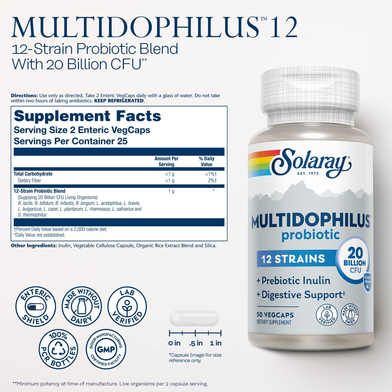 SOLARAY Multidophilus 12 Strain Probiotic 20 Billion CFU - Digestive Health & Immune Support with Prebiotic Inulin, Dairy-Free, 50 Enteric VegCaps
