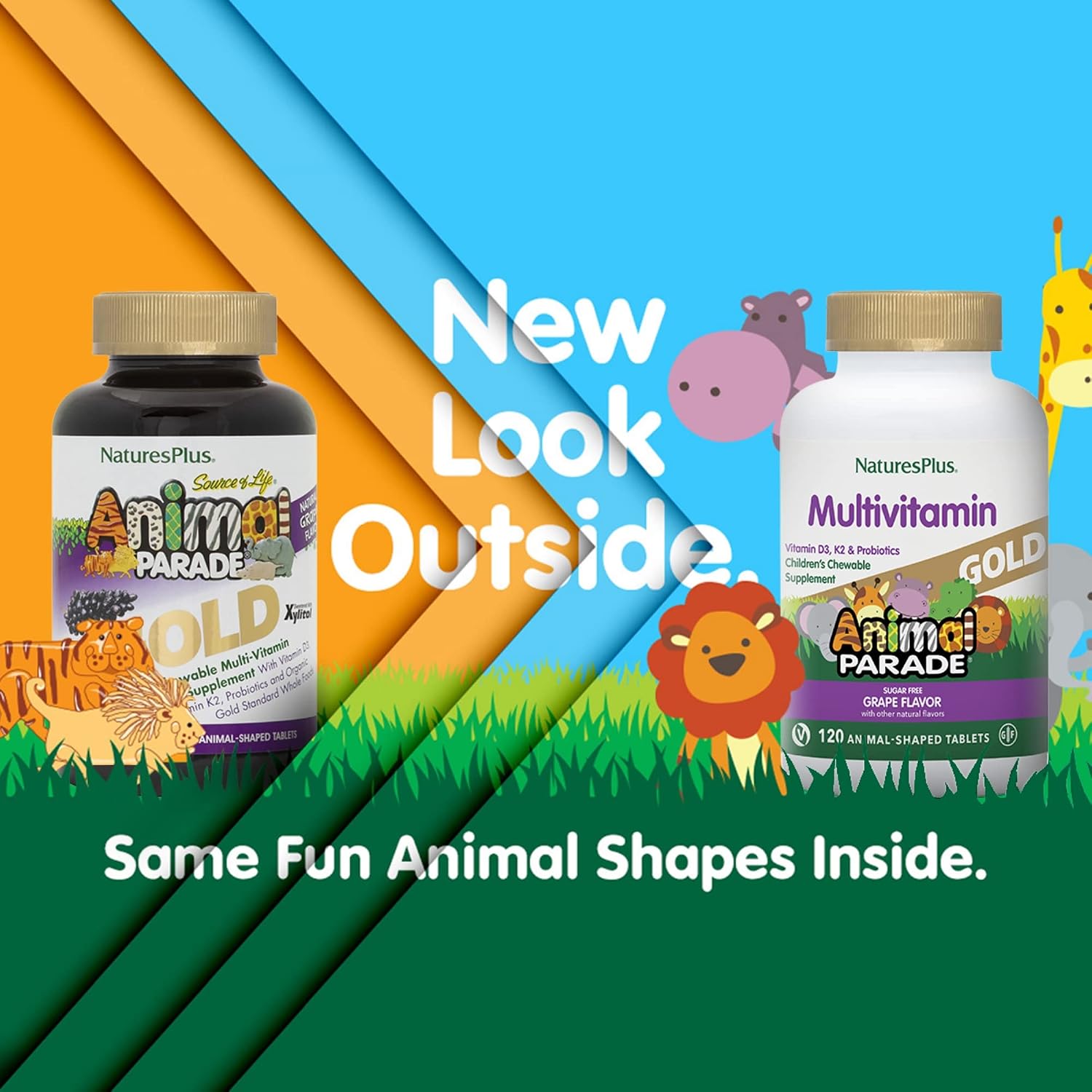 NaturesPlus Animal Parade Gold Children's Multivitamin, Grape Flavour - 120 Chewable Animal Shaped Tablets (60 Servings)