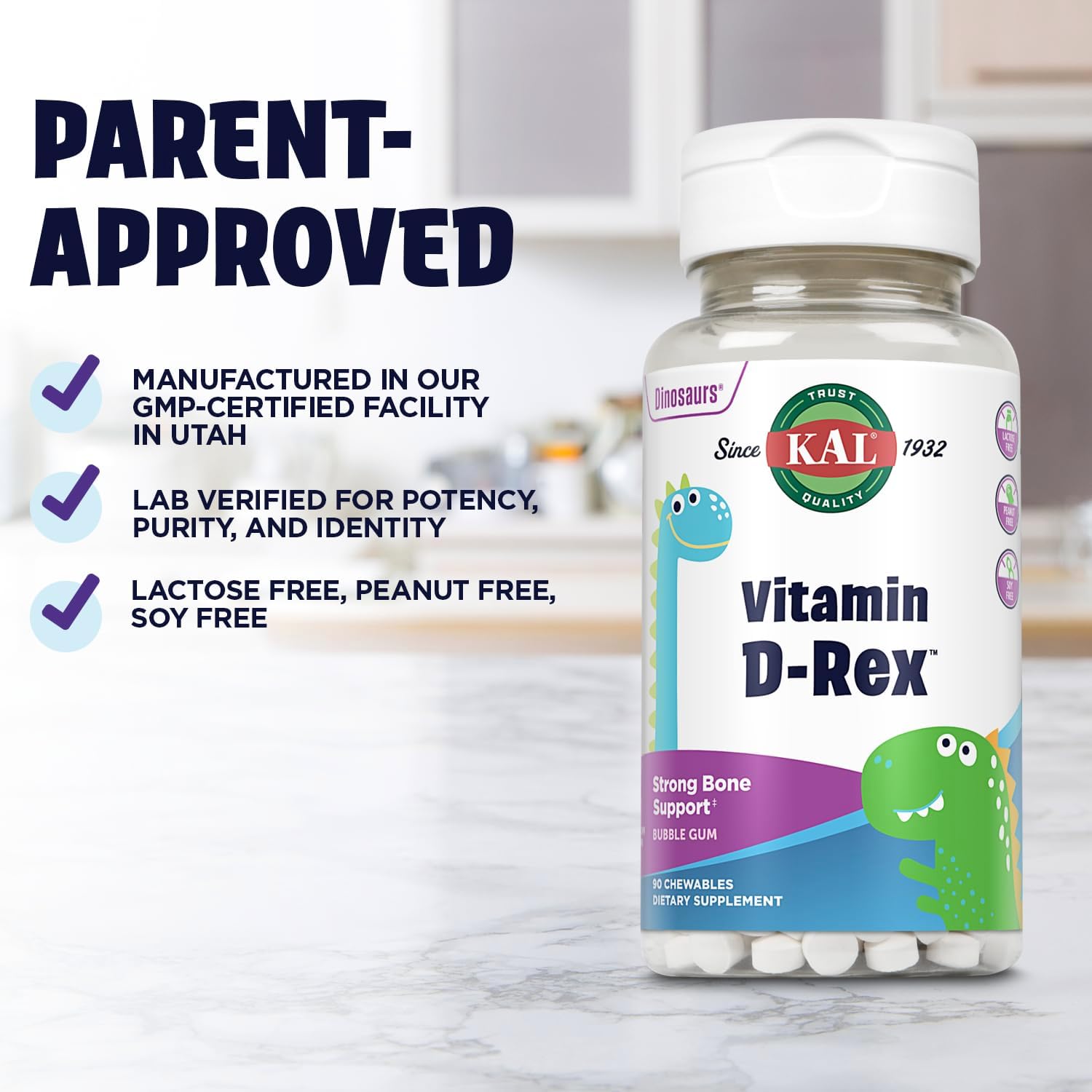 KAL Vitamin D-Rex Chewable - Children's Vitamin D3 400 IU, Bubble Gum Flavour, 90 Chewables