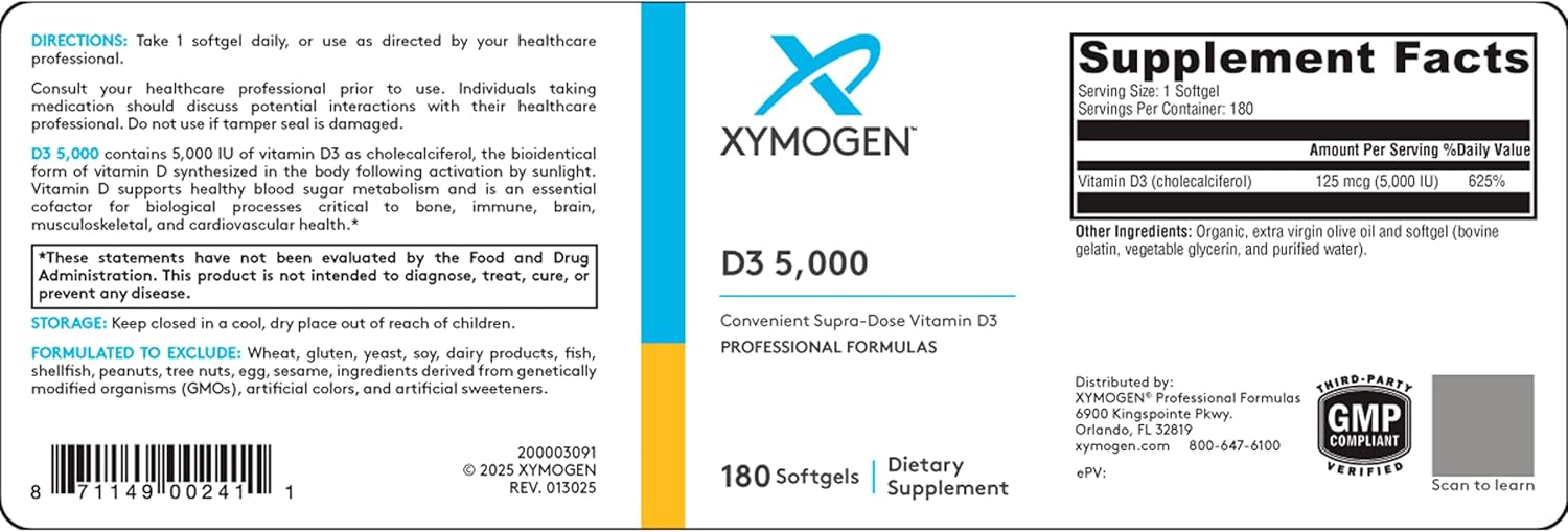 XYMOGEN D3 5000 - Bioavailable Vitamin D3 5000 IU (125 mcg) - High Strength Vitamin D Supplement for Immune, Bone, and Heart Health Support - 180 Softgels
