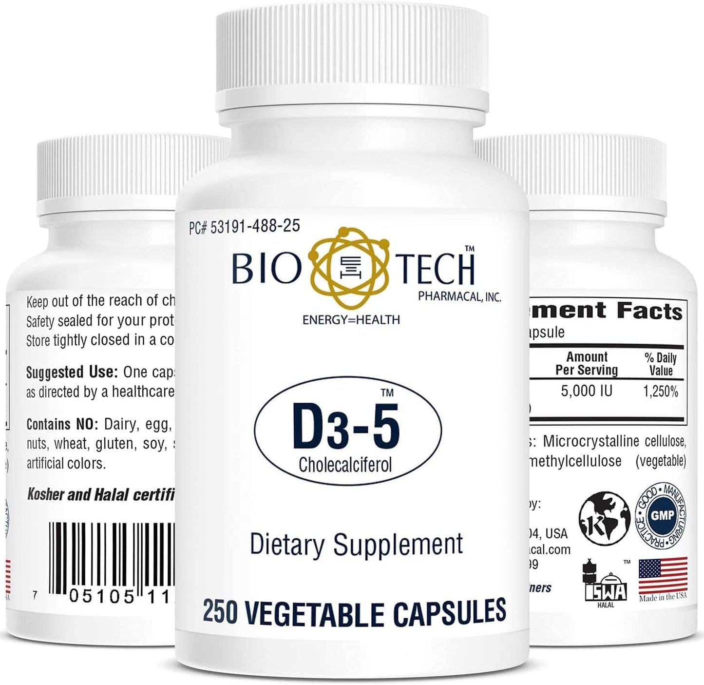 Bio-Tech Pharmacal D3-5 (5000 IU), 250 Vegetable Capsules – All-Natural Supplement – Supports Bone & Immune Health – No Dairy, Fish, Gluten, Peanut, Shellfish, & Soy - görsel 1