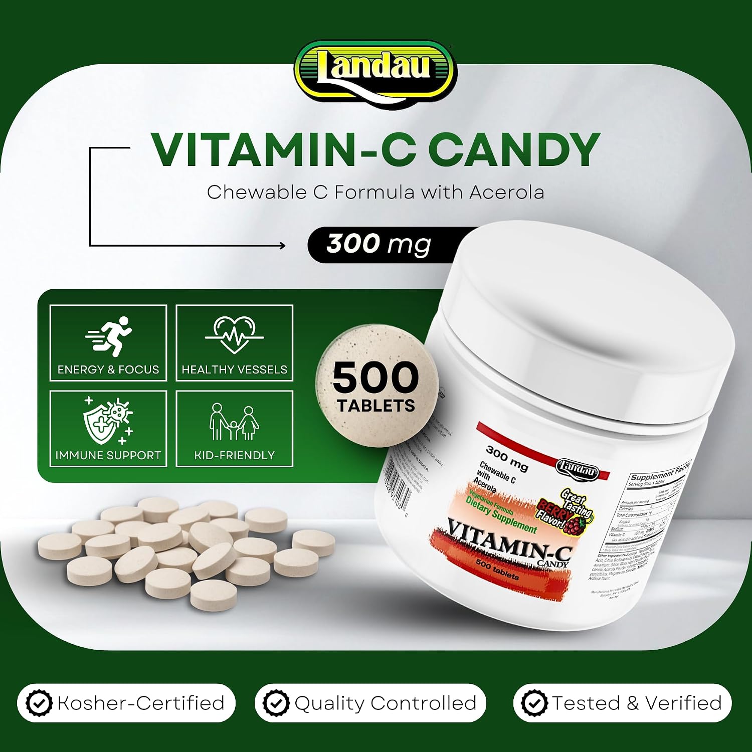 LANDAU Chewable Vitamin C with Acerola - 300 mg, 500 Berry-Flavoured Tablets