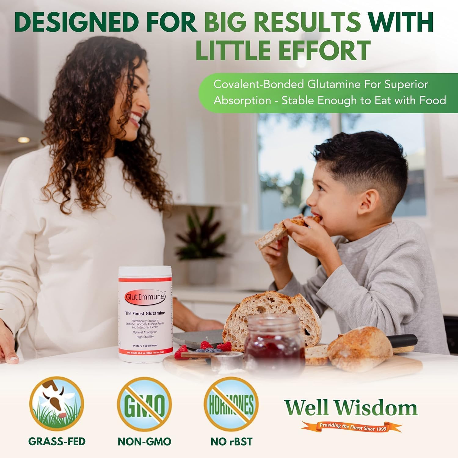 Well Wisdom Glut Immune - Covalent Bonded Glutamine Powder, Dairy-Free, 300 g (60 Servings)