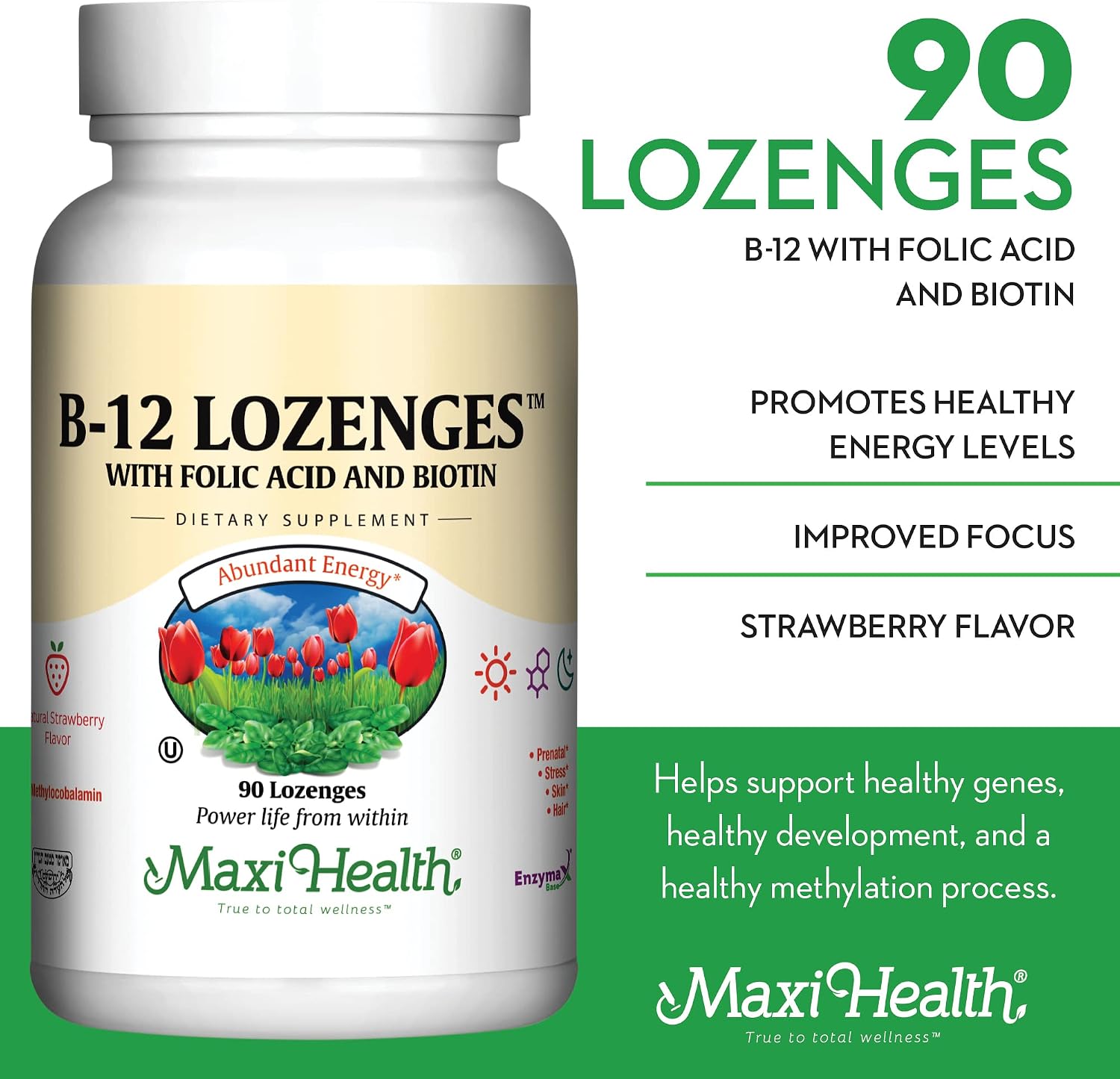 Maxi Health Vitamin B12 Lozenges with Folic Acid & Biotin - Sublingual, Strawberry Flavour - 90 Count