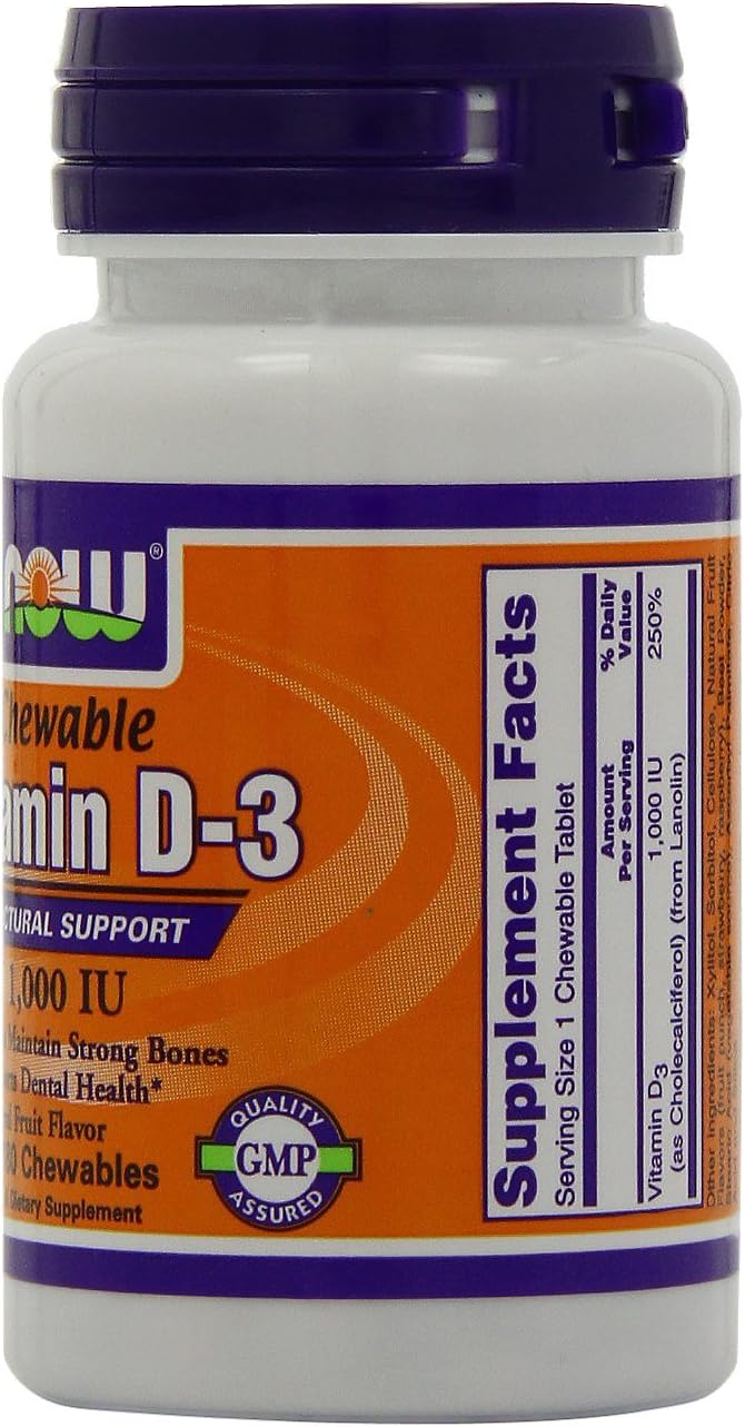 NOW Foods Vitamin D3 1,000 IU 180 Chewable Tablets (Pack of 2)
