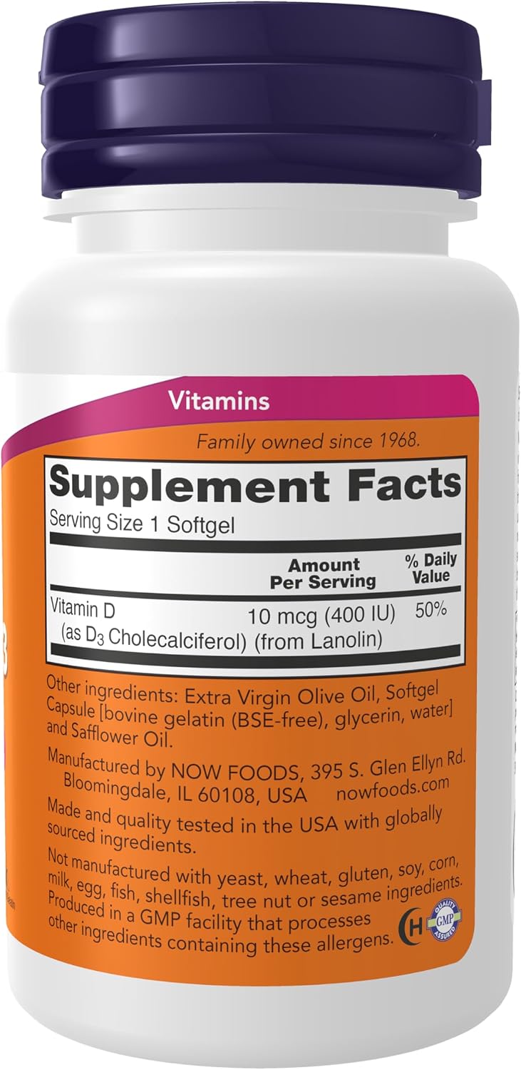 NOW Vitamin D3 400 IU Softgels (Pack of 3)