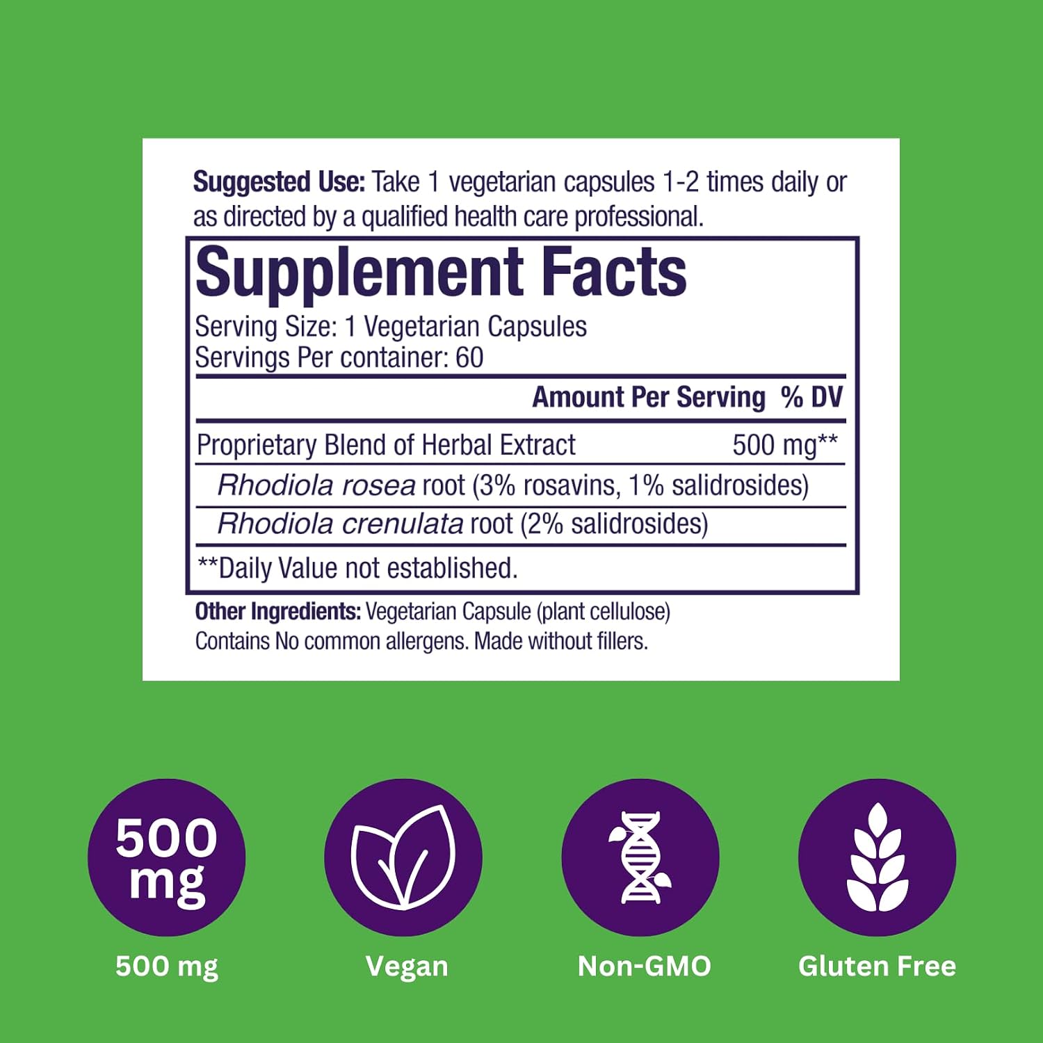 Paradise Herbs Rhodiola Extract 500 mg, Super Potent Antioxidant, Ultra-Pure, Vegan, Non-GMO, Gluten-Free, 60 Vegetarian Capsules