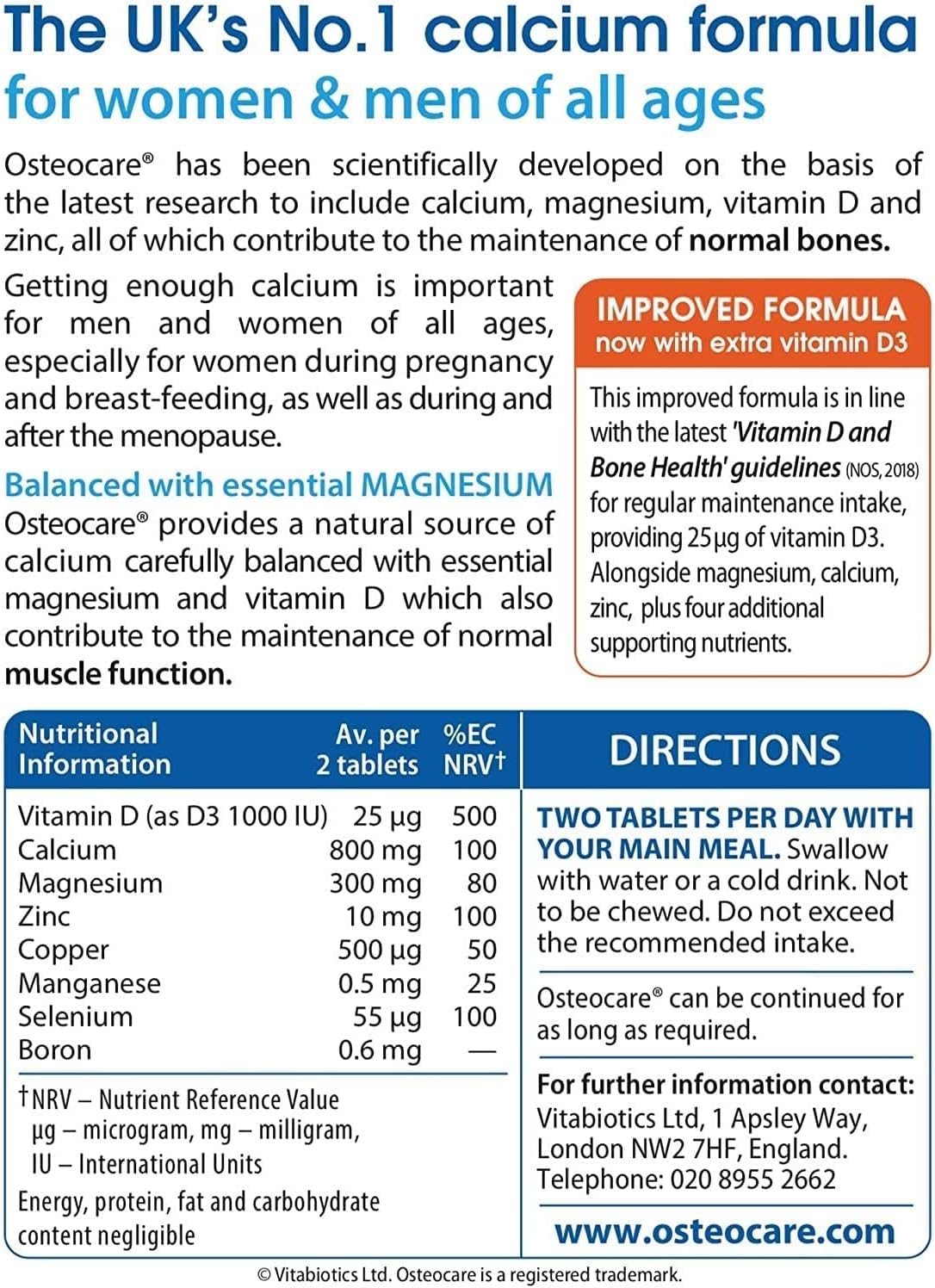 Osteocare Calcium 800 mg with Vitamin D3, Magnesium & Zinc – Bone Health & Immunity Supplement, 90 Tablets