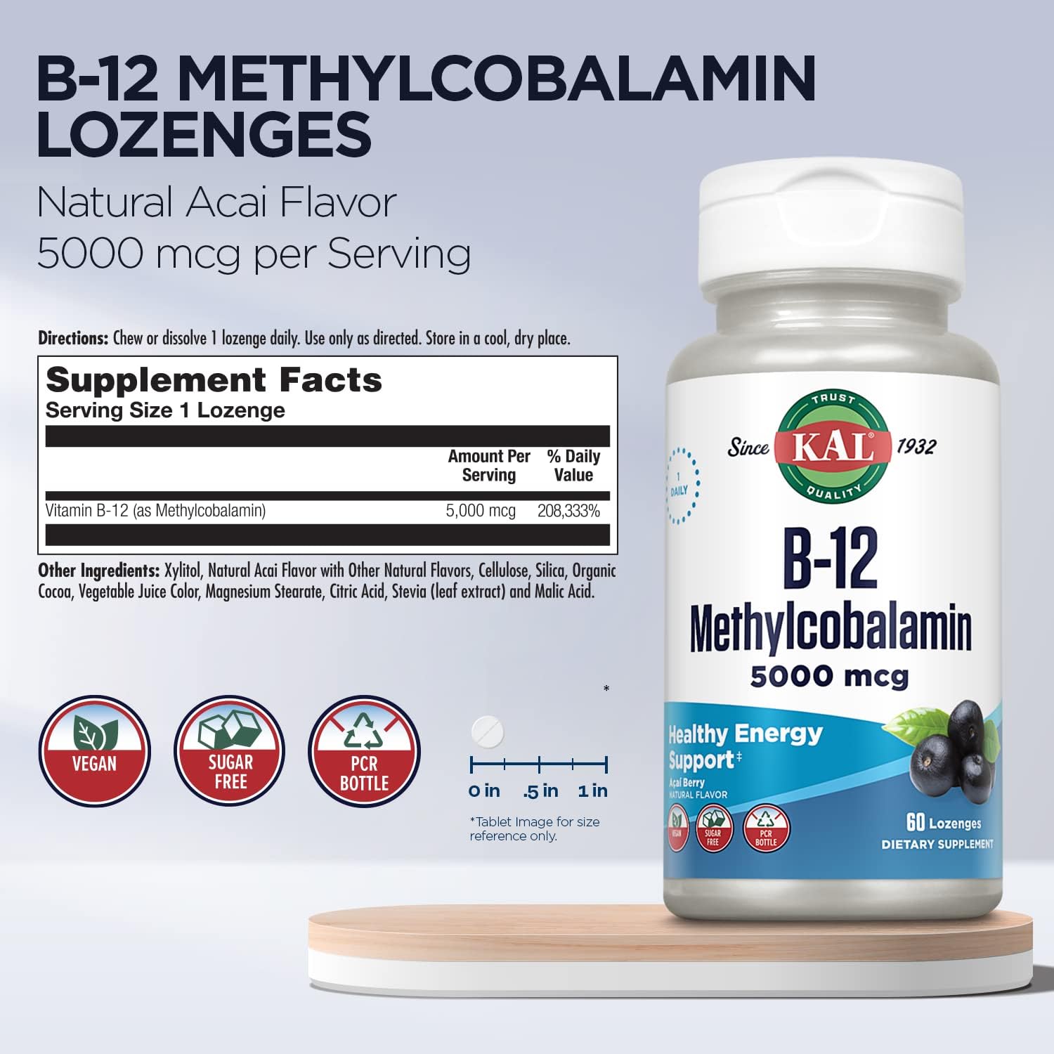 KAL Vitamin B-12 Methylcobalamin Lozenges, 5000 mcg, Natural Acai Flavour, 60 Lozenges