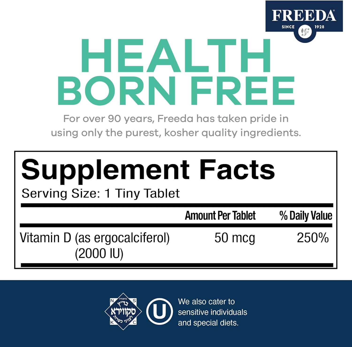 FREEDA Vitamin D2 2000 IU – Vegan Vitamin D for Bone Strength and Immune Support – 100 Tiny Tablets