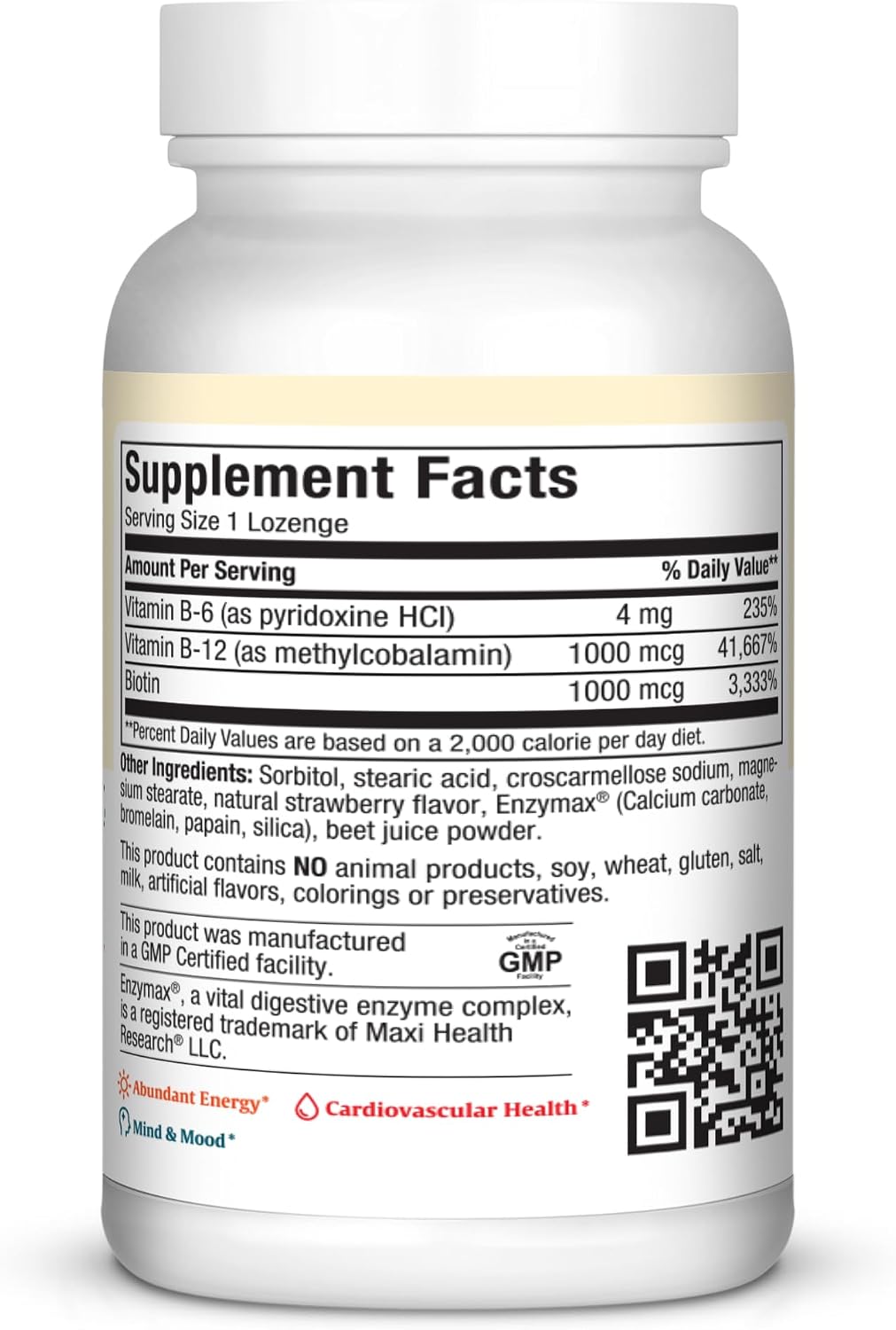 Maxi Health Triple B Lozenges - Vitamin B12 & B6 & Biotin - Strawberry Flavour - 90 Chewies - Kosher