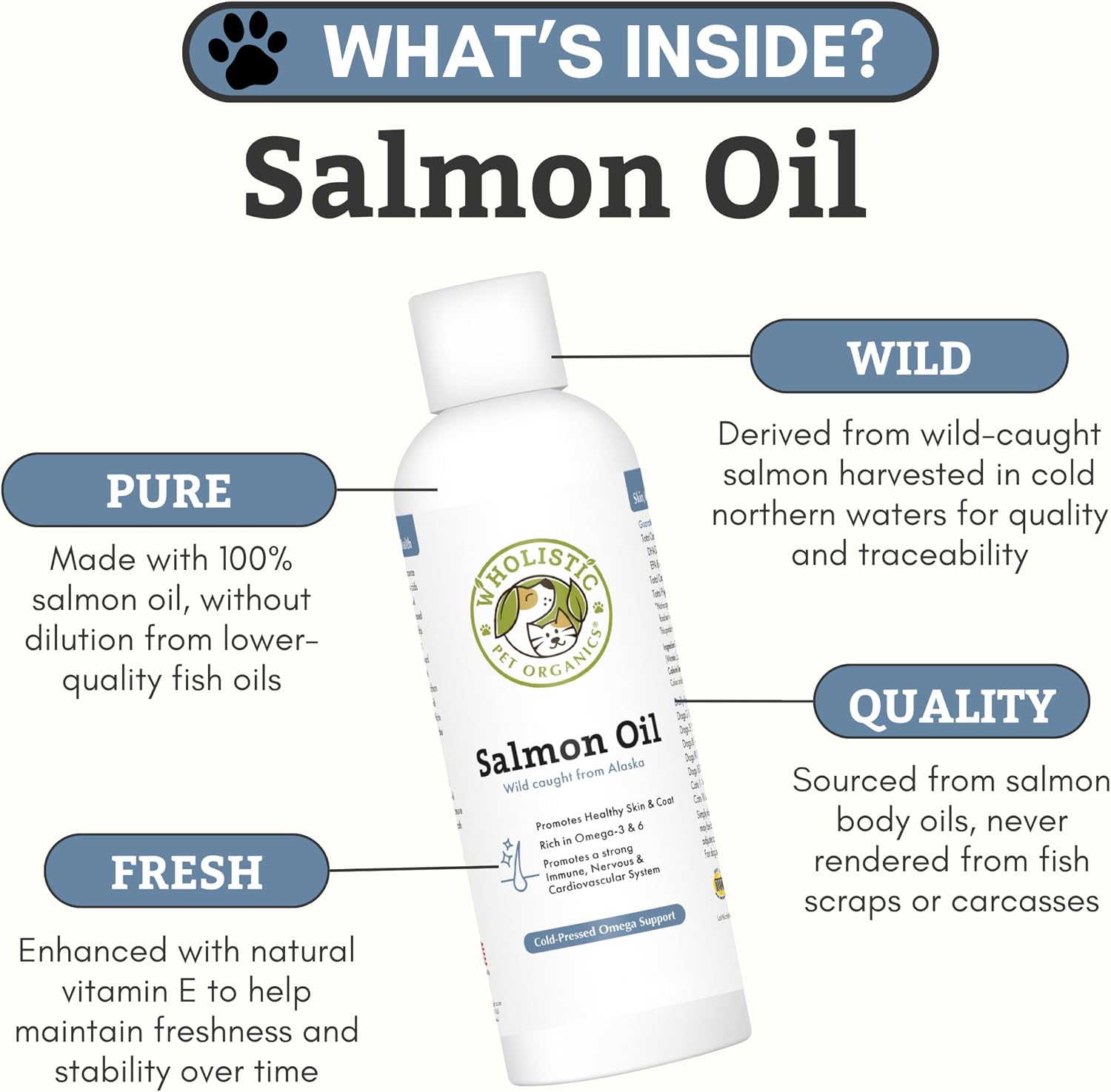 Wholistic Pet Organics Wild Alaskan Salmon Oil for Dogs and Cats - Omega-3 Fish Oil Supplement - 237 mL