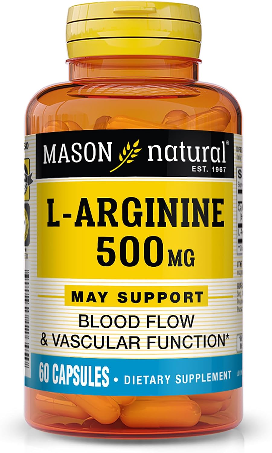 Mason Natural L-Arginine 500 mg with Calcium – Supports Healthy Circulation & Vascular Function, 60 Capsules