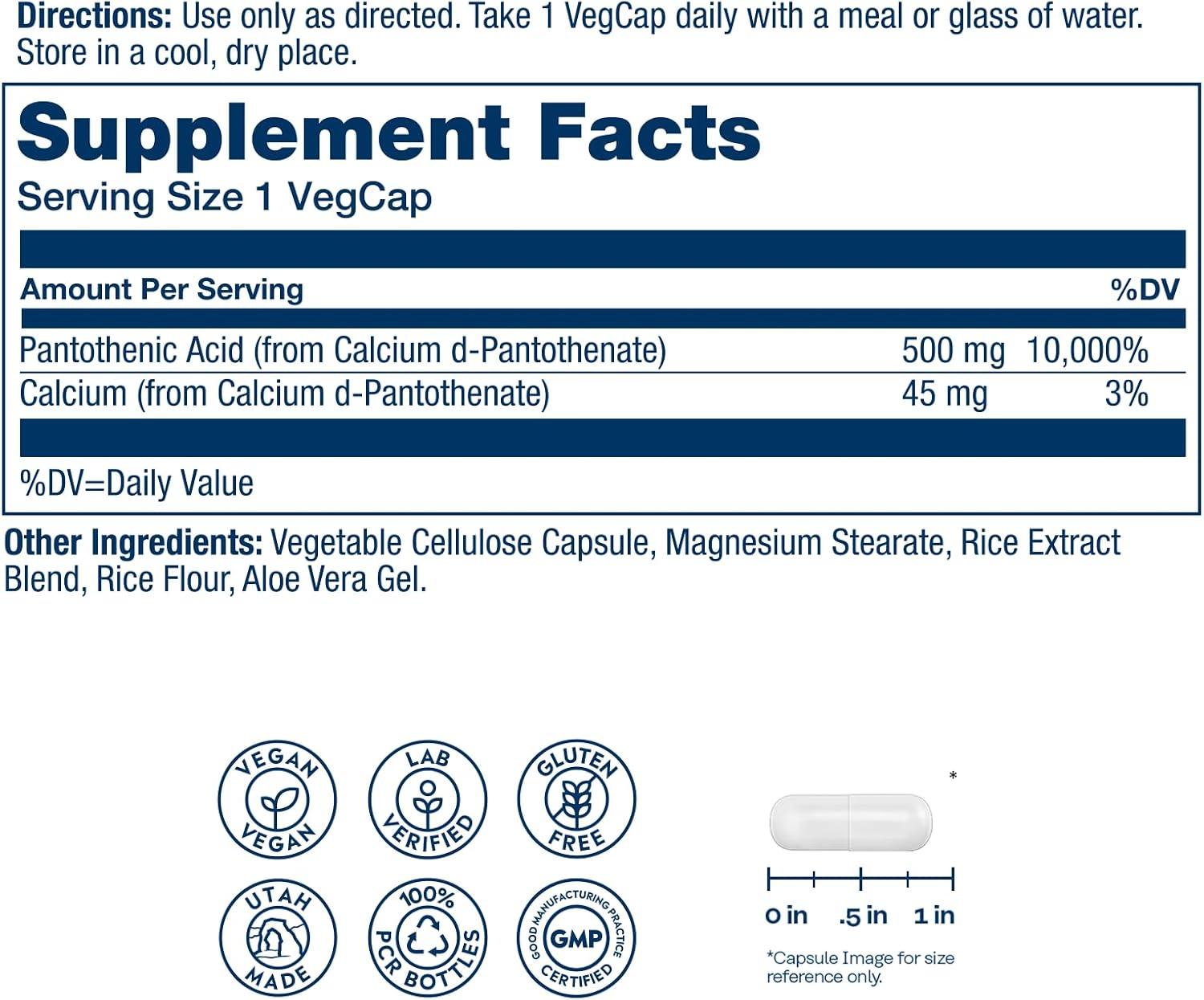 SOLARAY Pantothenic Acid 500 mg – Vitamin B5 Supplement – 100 VegCaps