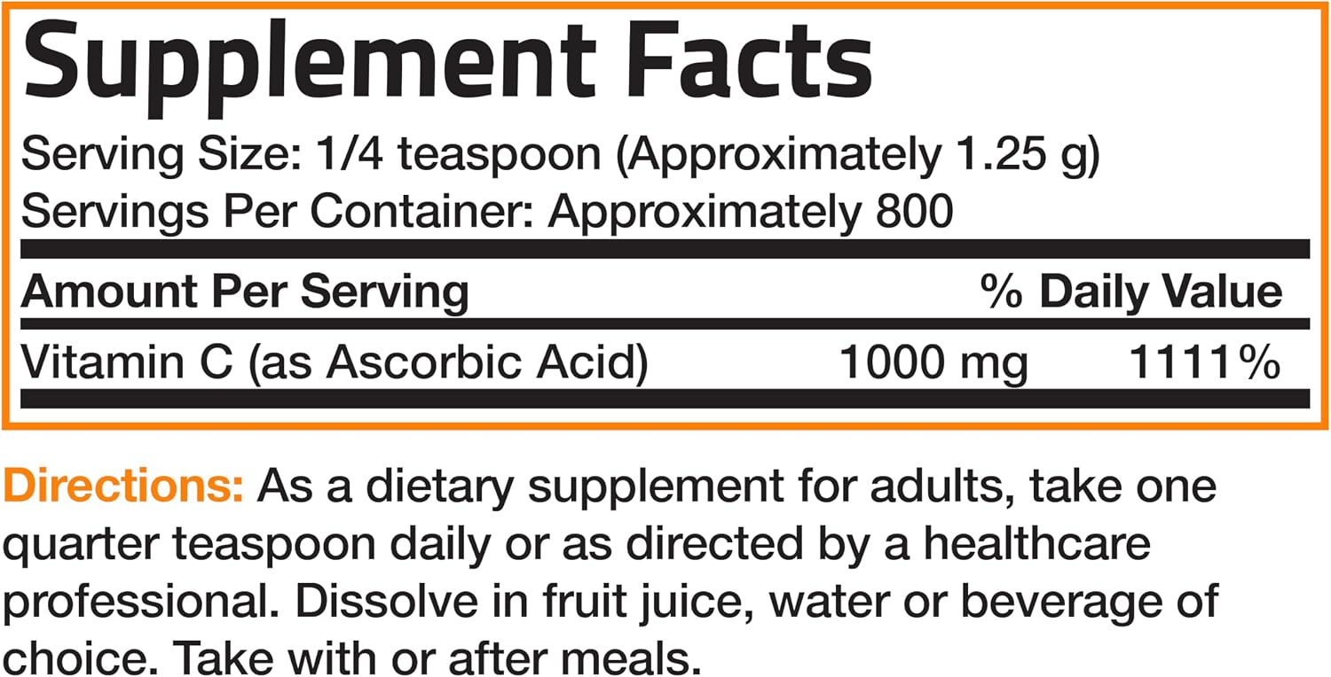 Bronson Vitamin C Powder – Pure Ascorbic Acid, Non-GMO Crystals – 1 kg (2.2 lbs)