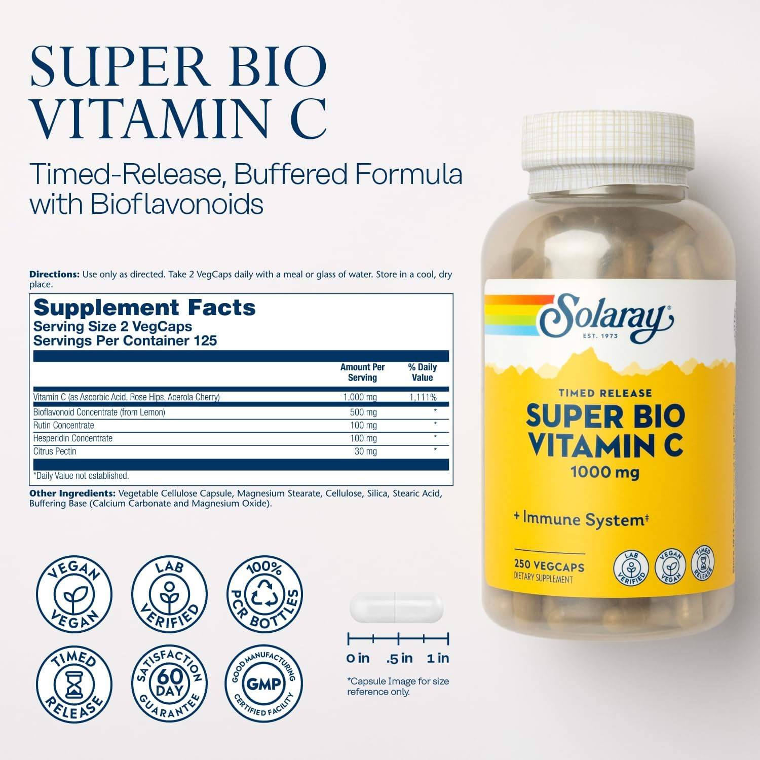 SOLARAY Super Bio Vitamin C 1000 mg – Buffered Timed Release with Bioflavonoids, 250 VegCaps