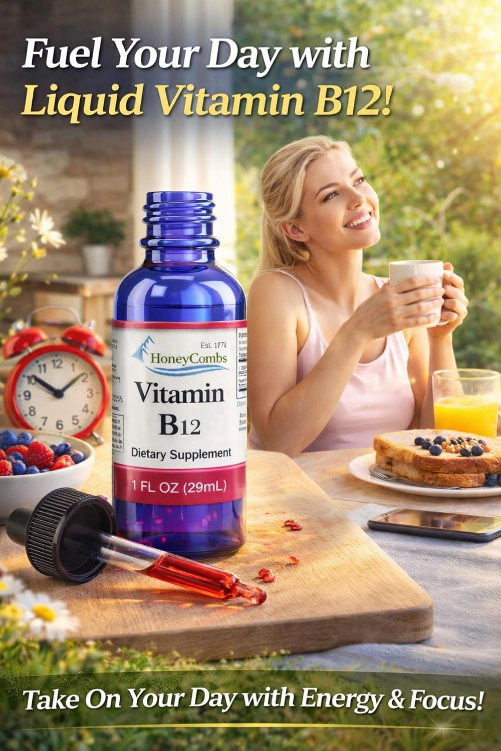 HoneyCombs Liquid Vitamin B12 Drops - Sublingual Cyanocobalamin Natural Health Product