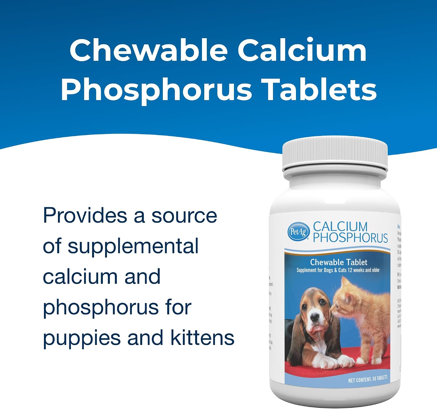 PetAg Calcium Phosphorus Tablets - 50 Tablets - Chewable Supplement for Dogs and Cats - Fortified with Vitamin D