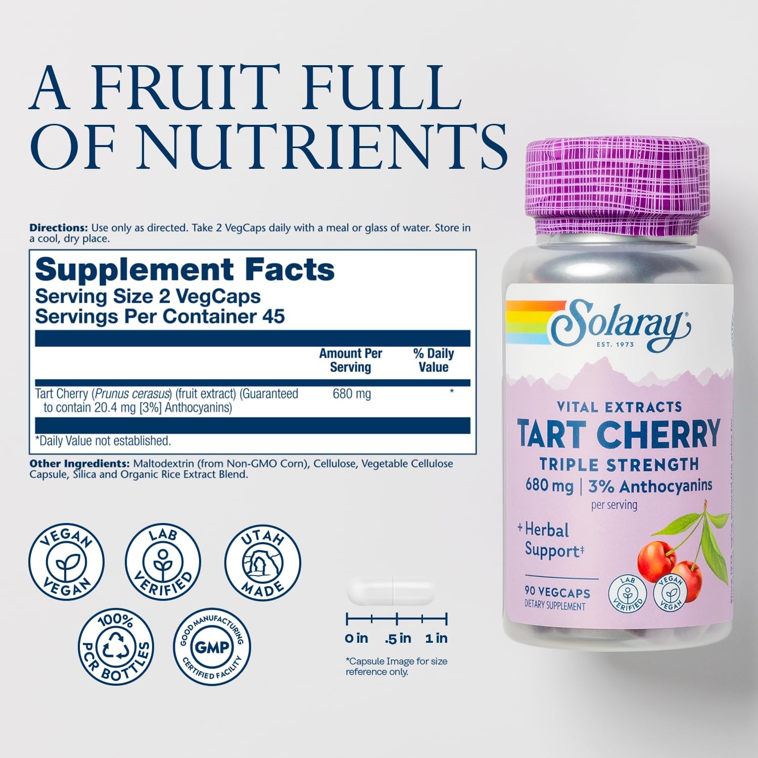 SOLARAY Triple Strength Tart Cherry Extract with 3% Anthocyanins – Tart Cherry Capsules for Healthy Uric Acid Levels and Muscle Recovery Support, Vegan, 60-Day Guarantee, 45 Servings, 90 VegCaps