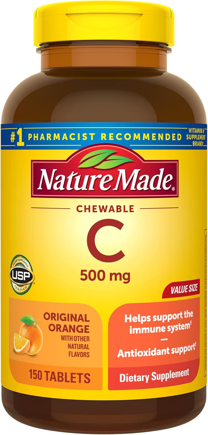 Nature Made Vitamin C 500 mg Chewable Tablets, Orange Flavour – Pack of 4 (240 Tablets)