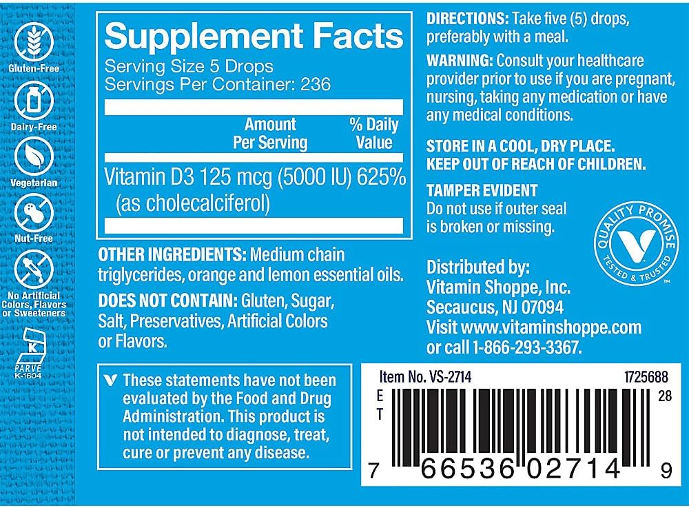 The Vitamin Shoppe Vitamin Liquid D3 5000 IU – Citrus Flavour, 30 mL