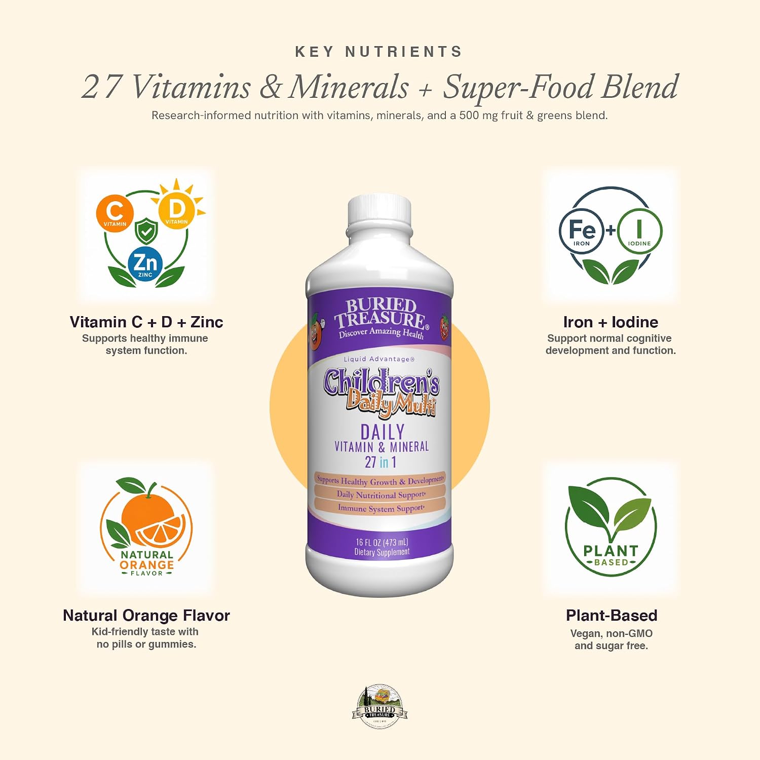 Buried Treasure Children’s Daily Liquid Multivitamin – 27 Vitamins & Minerals with SuperFood Blend – Sugar-Free, Vegan, Orange Mango Flavour, 473 mL