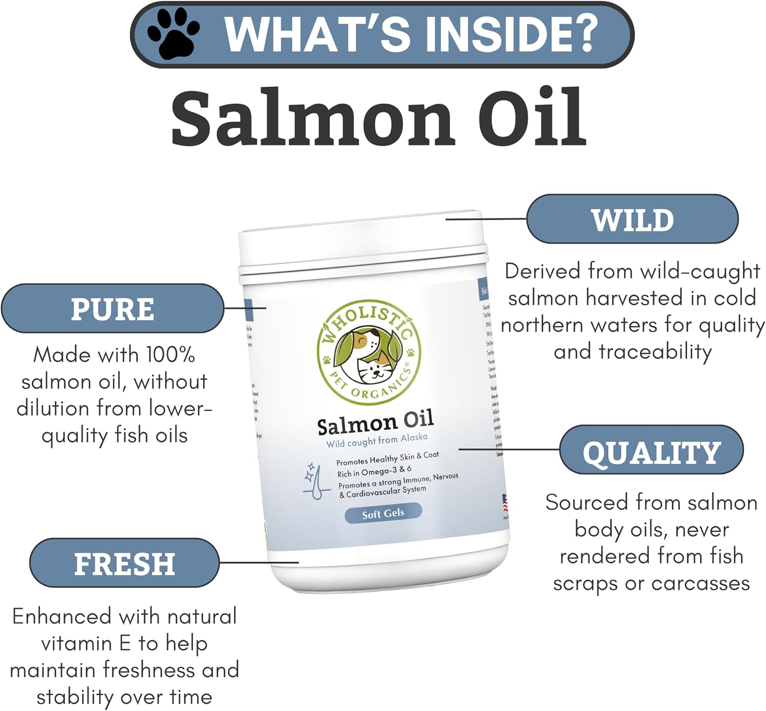Wholistic Pet Organics Wild Alaskan Salmon Oil for Dogs – Omega 3 with EPA & DHA, 100 Softgels