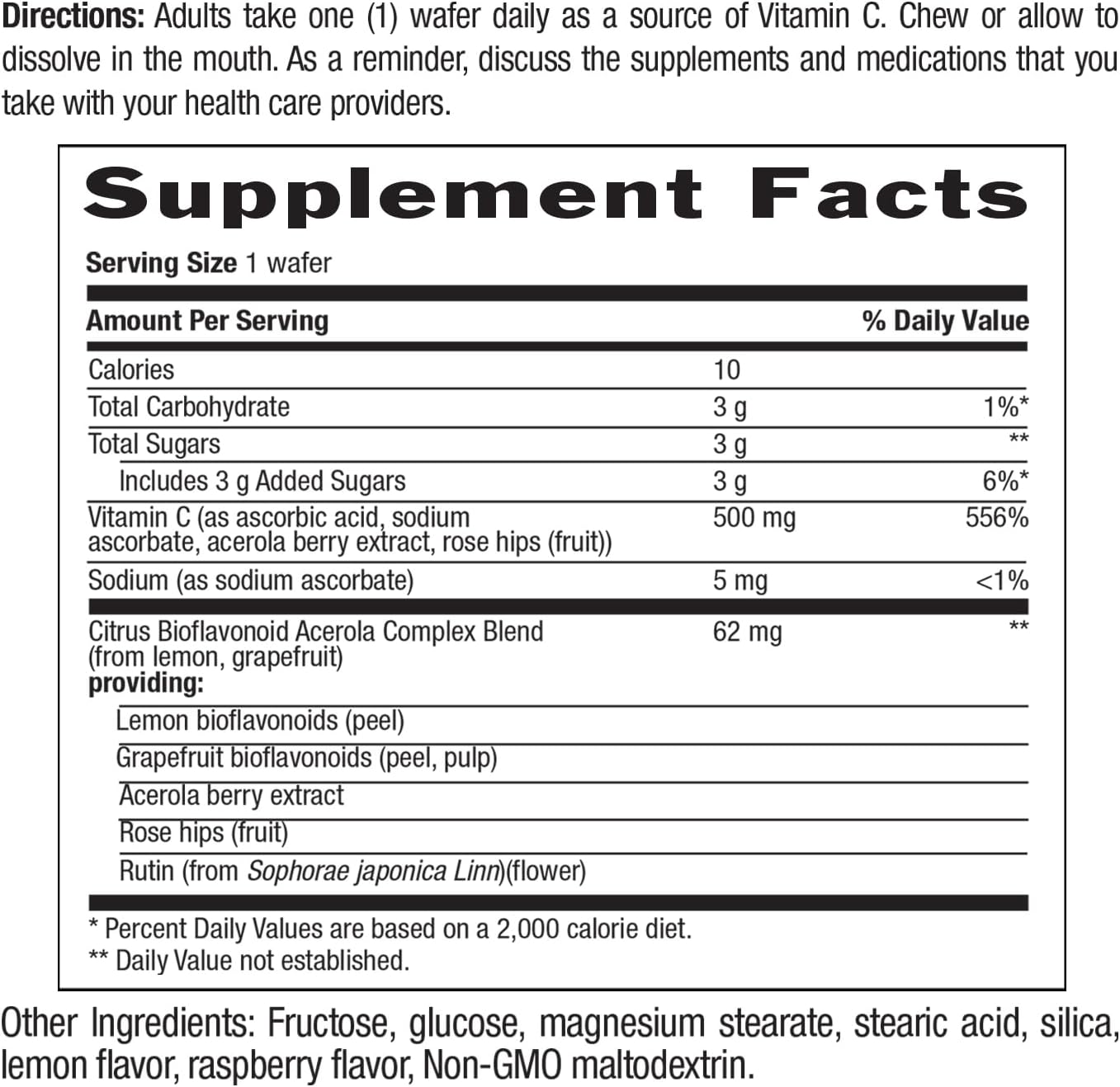 Country Life Acerola Vitamin C Complex - 500mg Chewable Berry Flavoured Wafers - Supports Immune Health - 180 Count